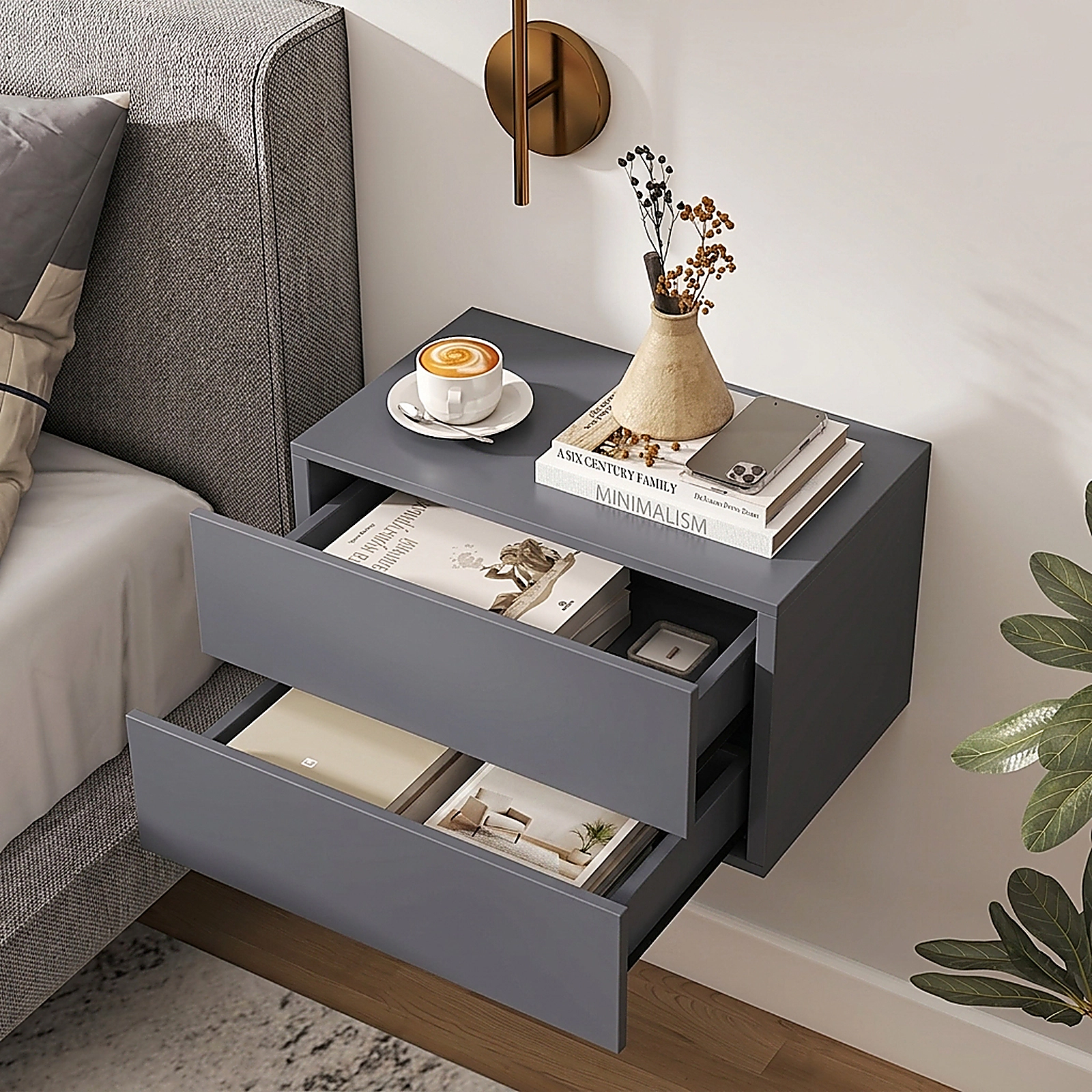 SUGIFT Floating 2-Drawer Nightstand with Wall Mounting 16.5-in W 12-in D 11.5-in H in Gray