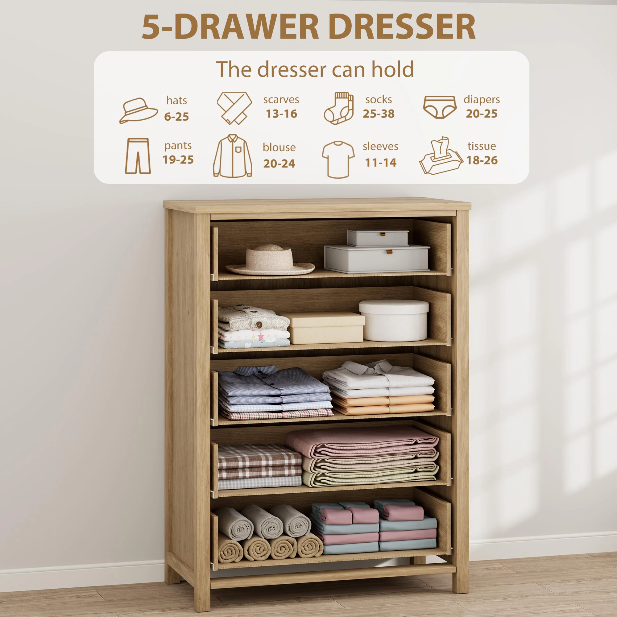 Rattan 5 Drawer Dresser, 45" Tall Wooden Storage Chest & TV Stand for Bedroom Living Room Entryway