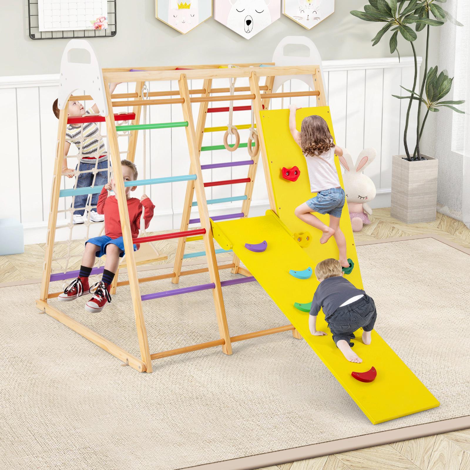 SUGIFT 8-in-1 Wooden Jungle Gym Playset with Slide and Monkey Bars 530-lb Capacity Ages 1+ Multicolor/Natural