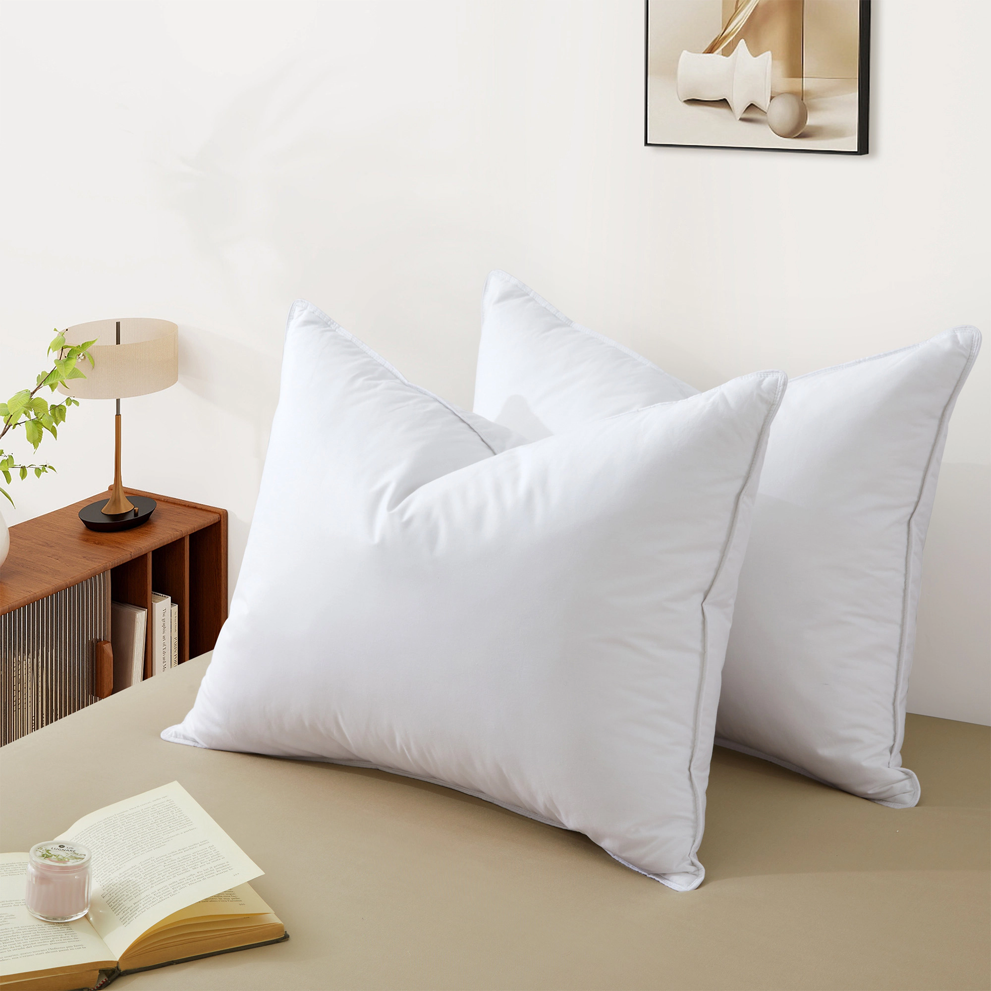 Unikome 2-Pack 100% Cotton High Loft Goose Feather & Down Pillows, Medium Support