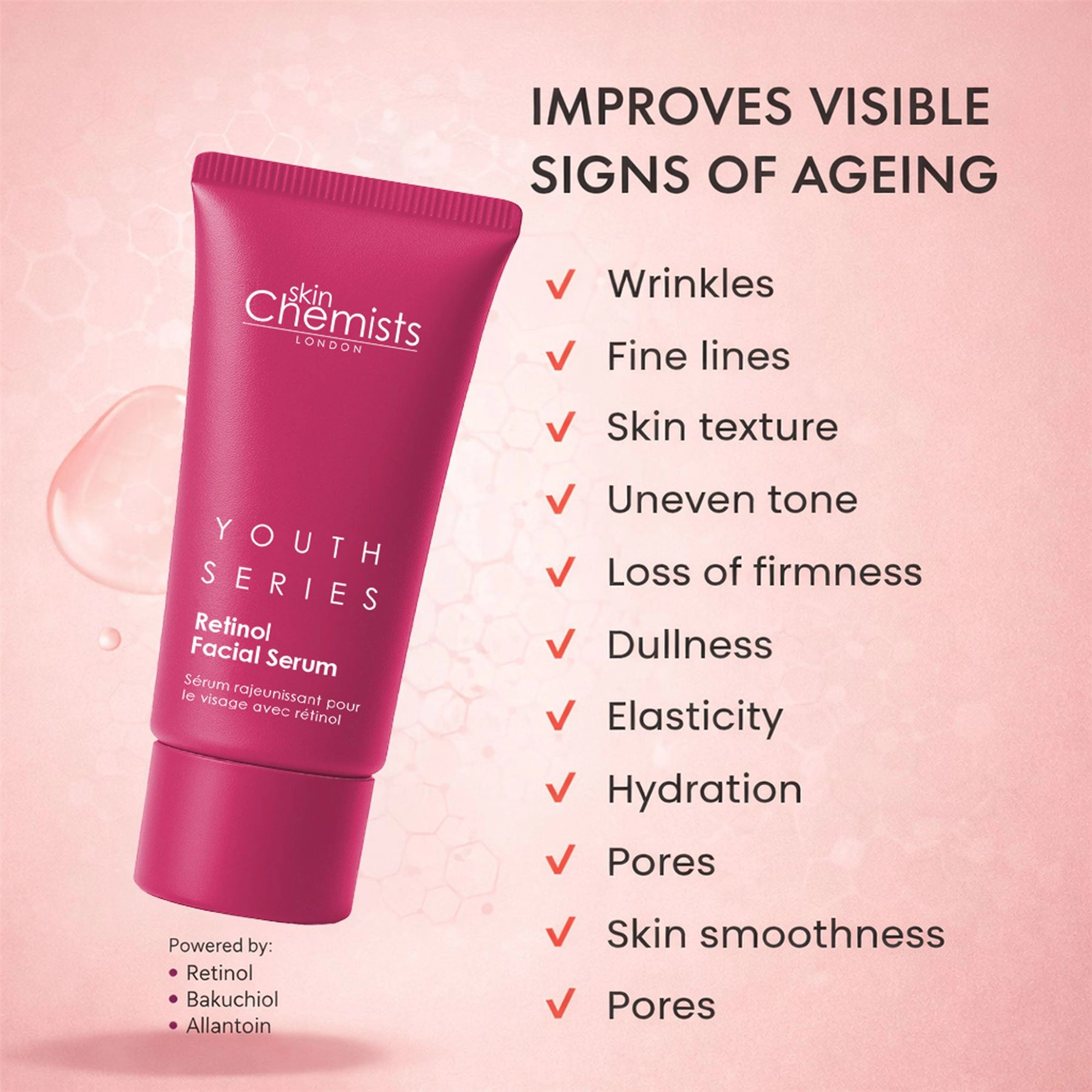 skinChemists Retinol Bakuchiol Anti-Aging Facial Serum 30ml - Targets Fine Lines, Wrinkles & Loss of Firmness
