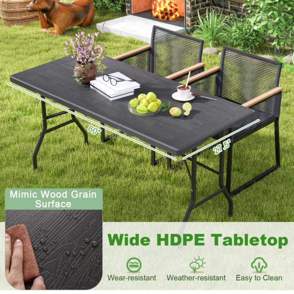 Hivvago 5Ft Folding Picnic Table With Wood Grain Hdpe Tabletop And Non-Slip Foot Pads