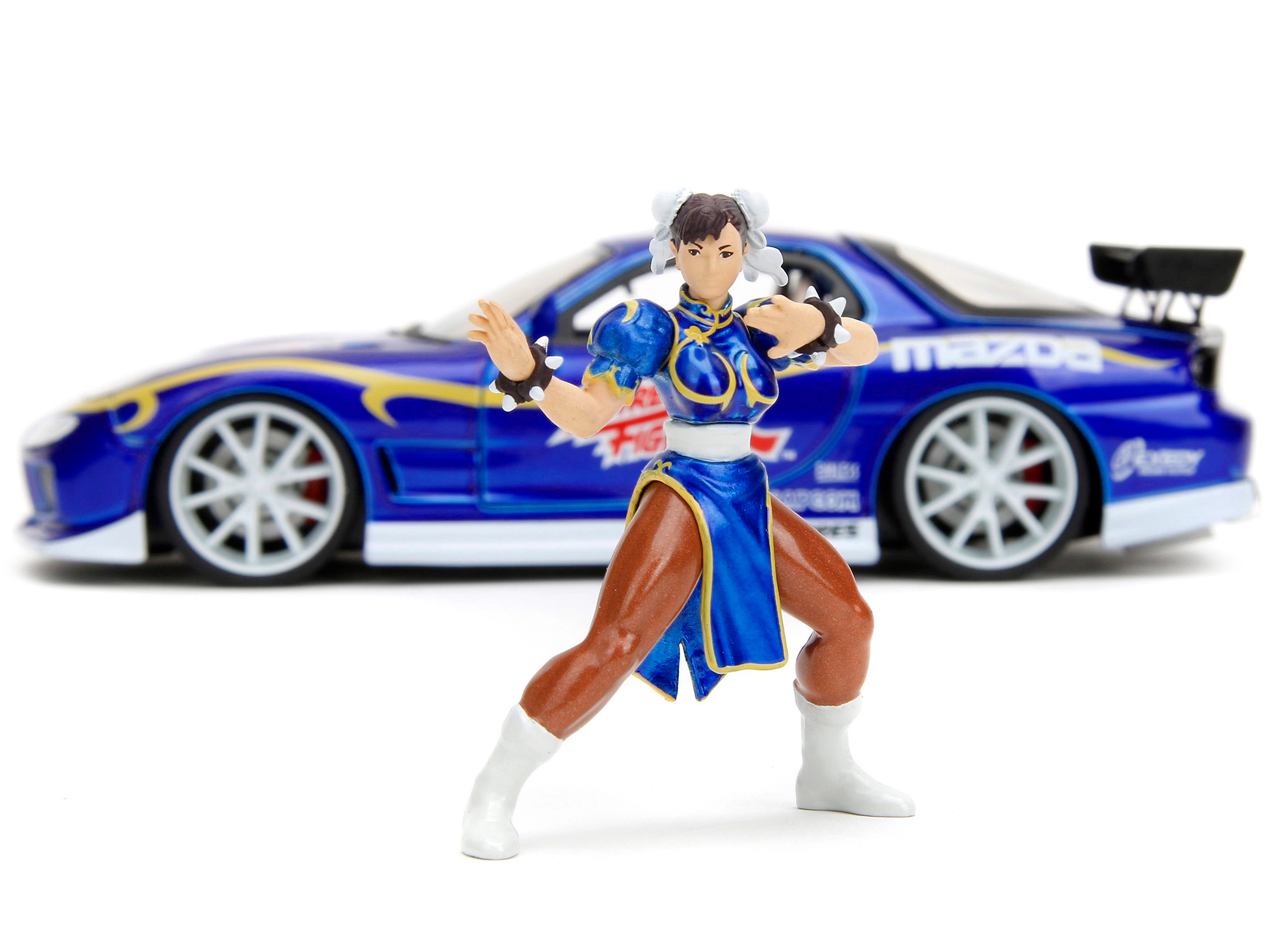 Jada 1993 Mazda RX-7 Candy Blue Metallic with Graphics and Chun-Li Diecast Figure "Street Fighter" Video Game