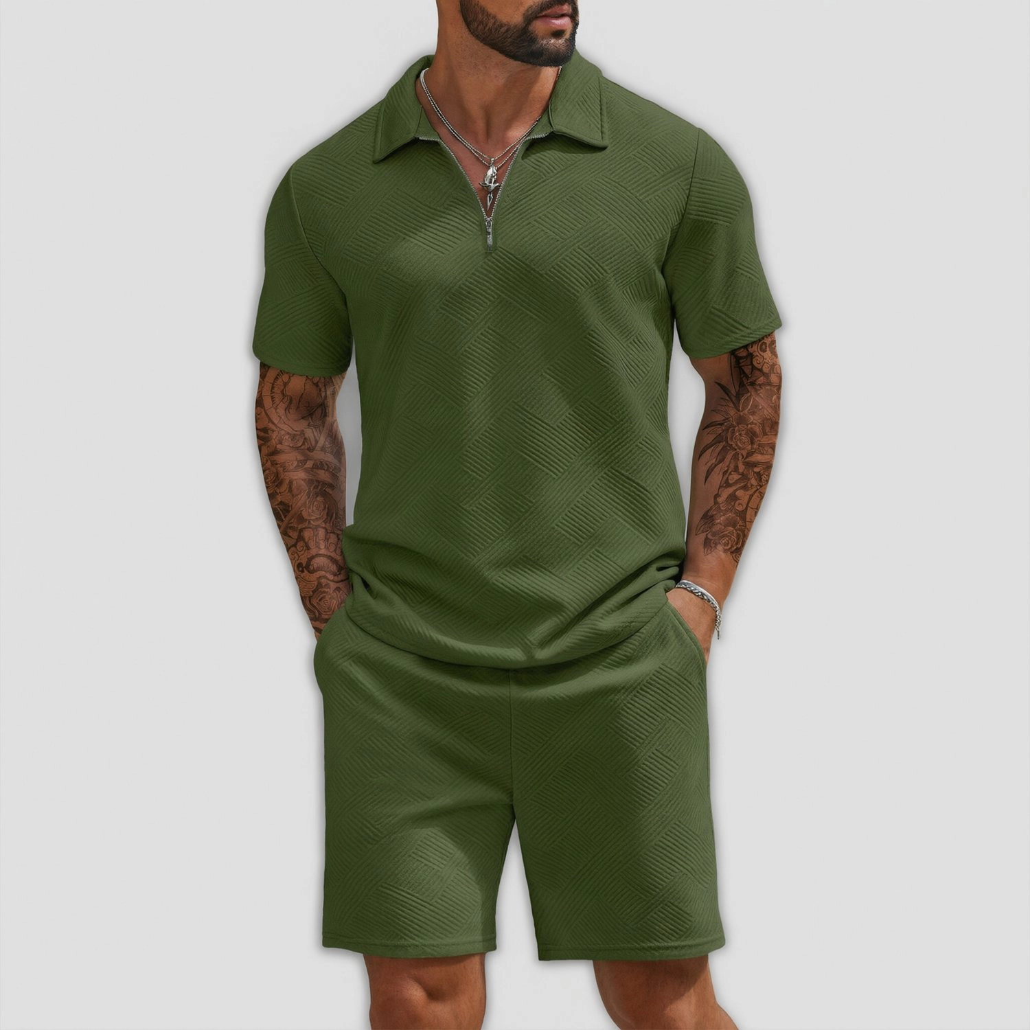 COOFANDY Mens Half Zip Polo Shirt Shorts Set  Textured Casual 2 Piece Outfits
