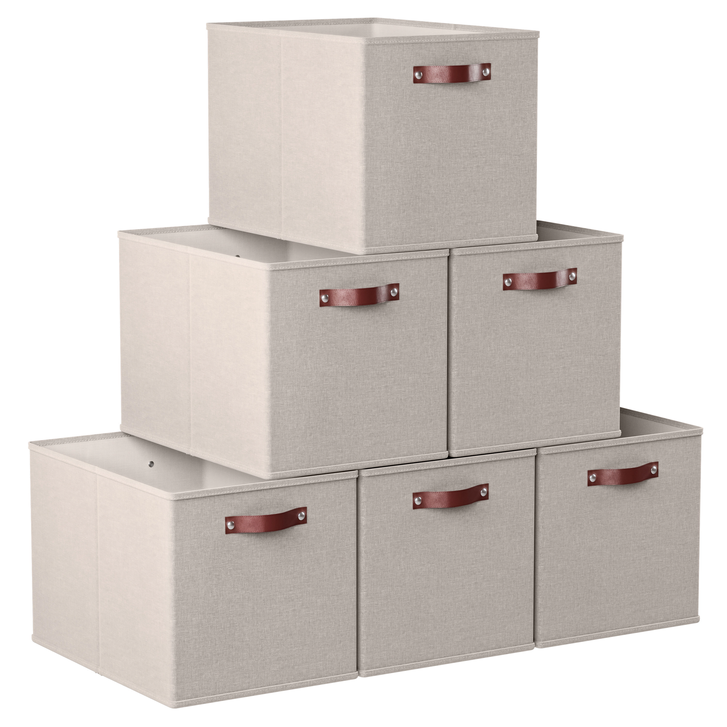 Ornavo Home 6 Pack 15x13x13 Collapsible Linen Storage Cube Bin with Faux Leather Handles