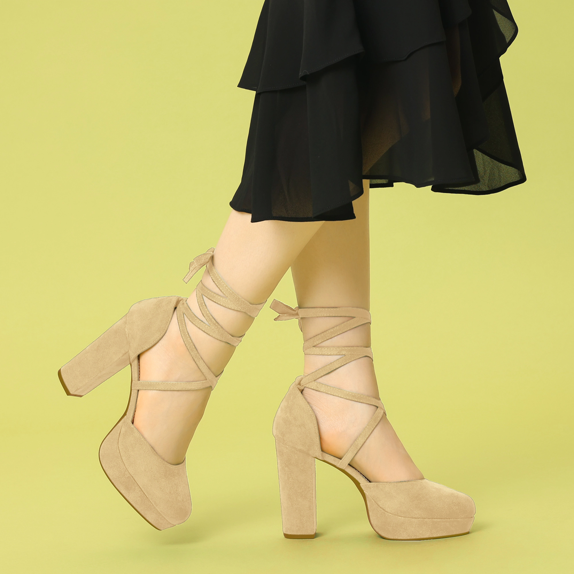BLISSFUL STEP Women's Platform Block Heel Lace Up Pumps Sandals