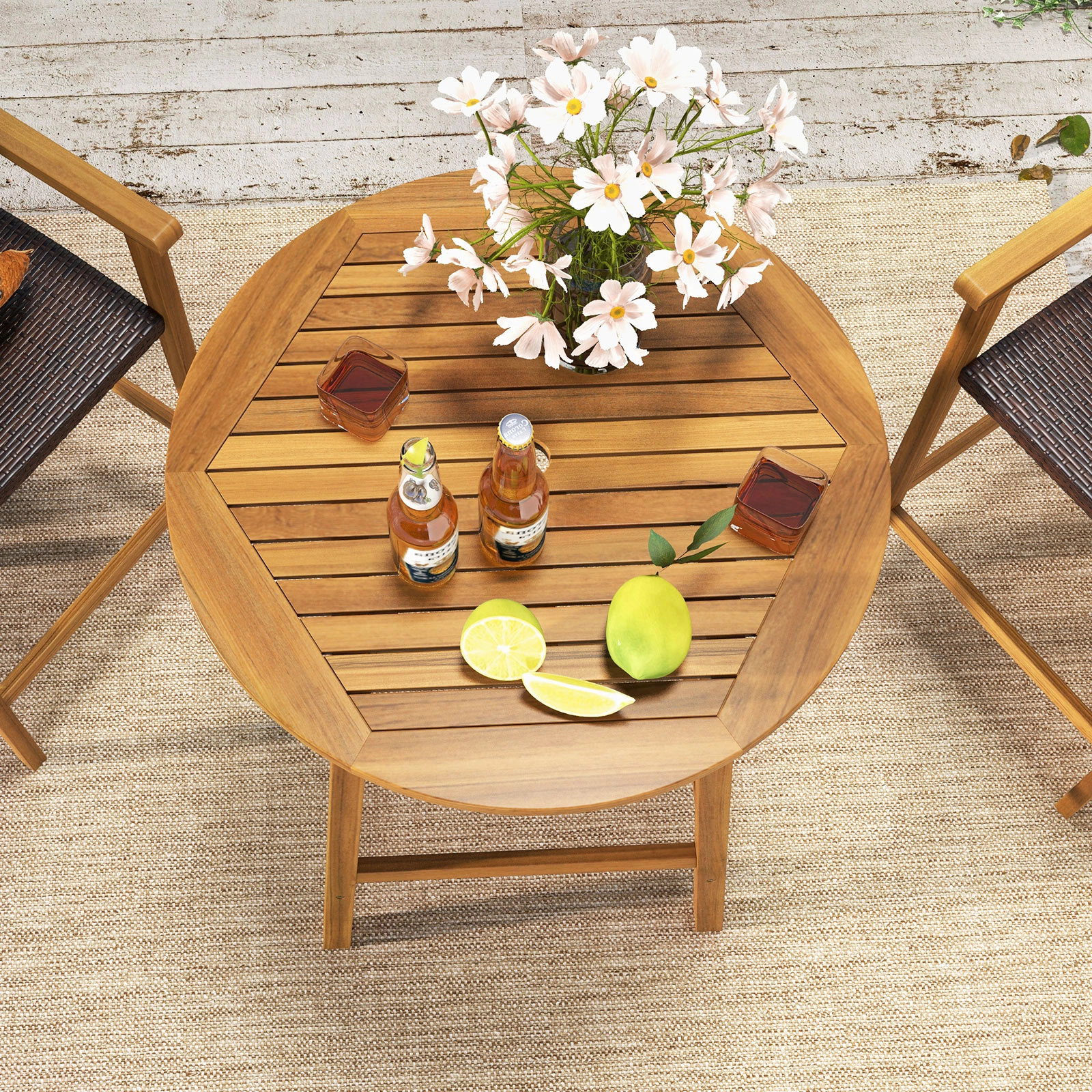 SUGIFT Acacia Wood Bar Height Outdoor Table 31.5-in Round Slatted Top 165-lb Capacity with 2-in Umbrella Hole Natural