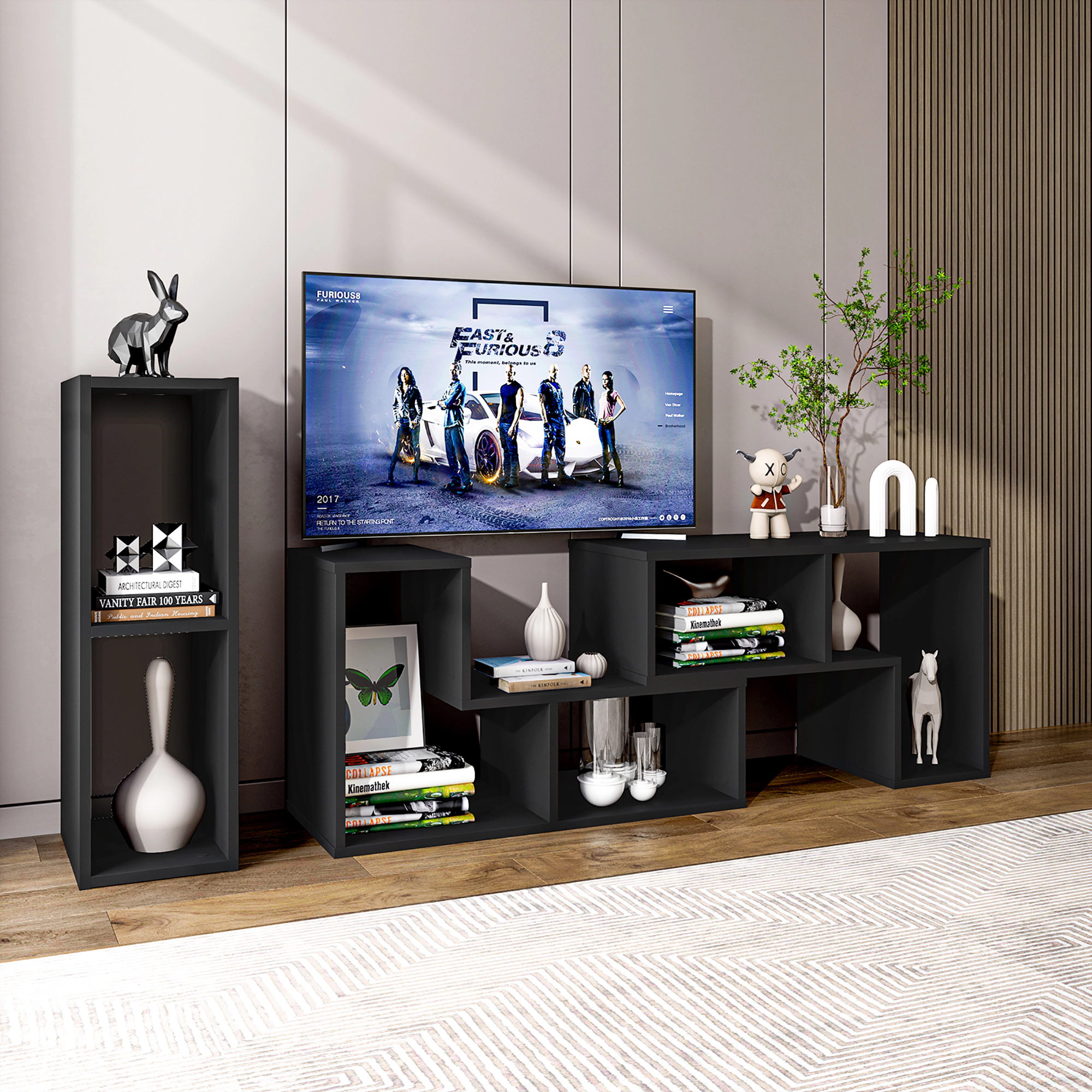 Costway 3 Pieces TV Console Stand Modern Entertainment Center Storage Bookcase Black