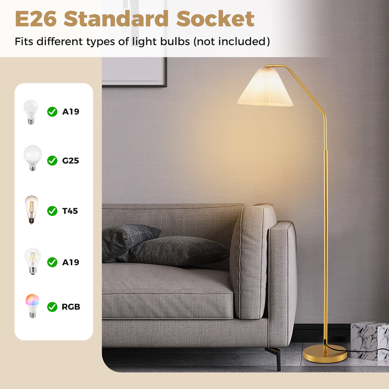 Slickblue Adjustable Arc Floor Lamp 66in Gold Metal Fabric Shade E26 Base Living Room Light