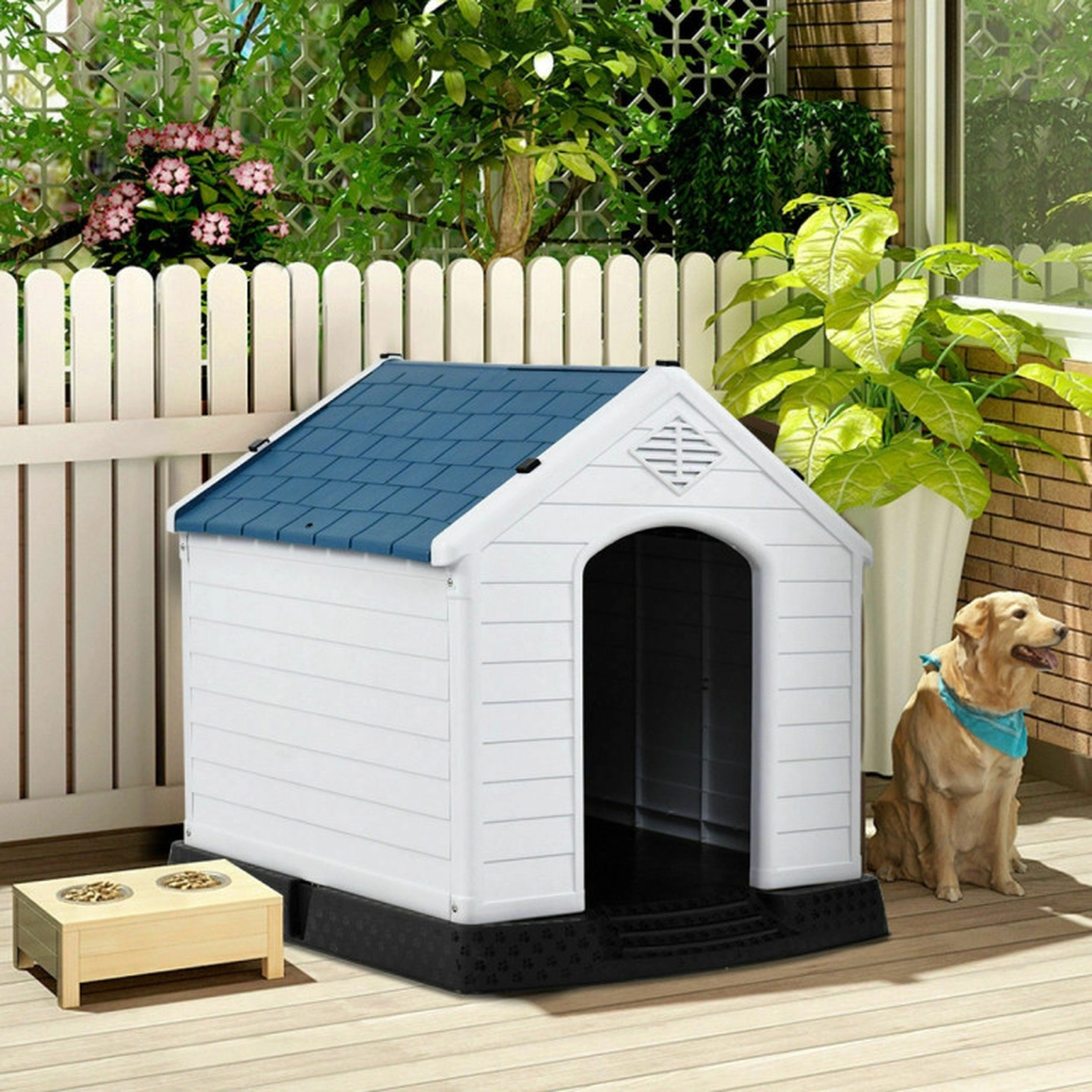 SUGIFT Blue and White Waterproof Plastic Dog House with Raised Floor and Vents 33.5-in W 30.5-in D 33-in H