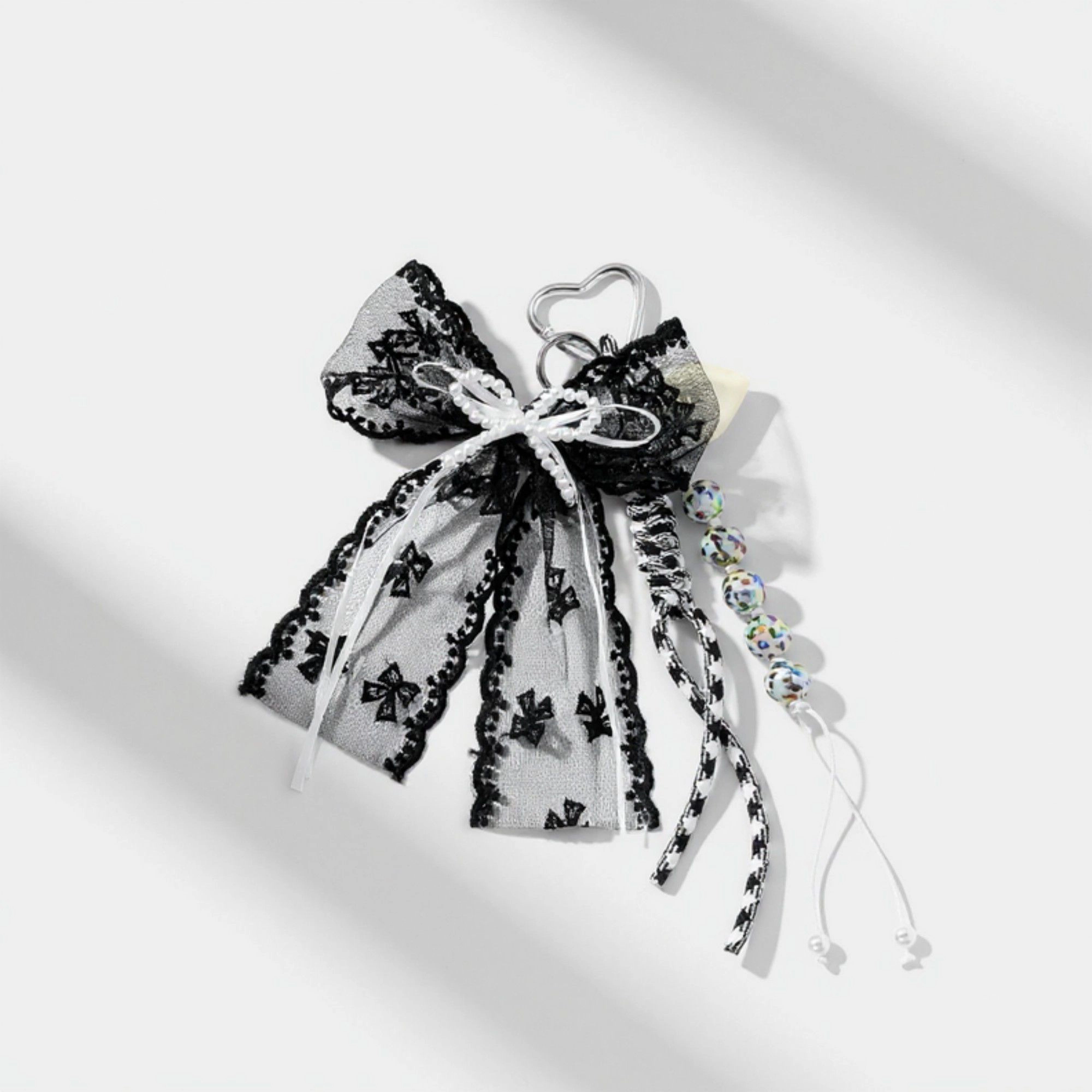 Alilang Women's Black Lace Bow Keychain with Heart Clasp and Beaded Ribbon Details