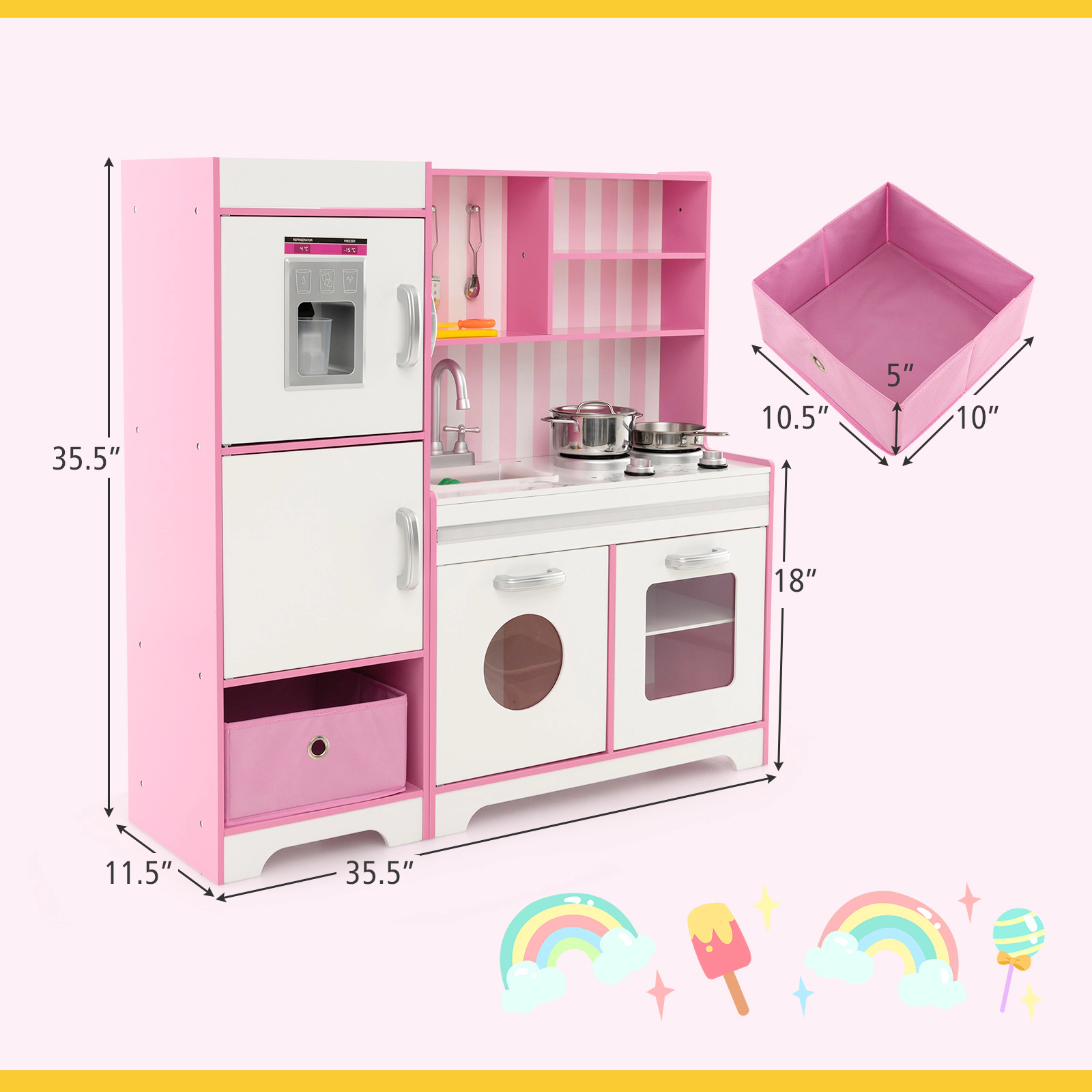 Kids Kitchen Playset Remote Controlled LED Lights Ice Maker Washing Machine Fabric Bins 35.5-in x 11.5-in x 35.5-in Pink