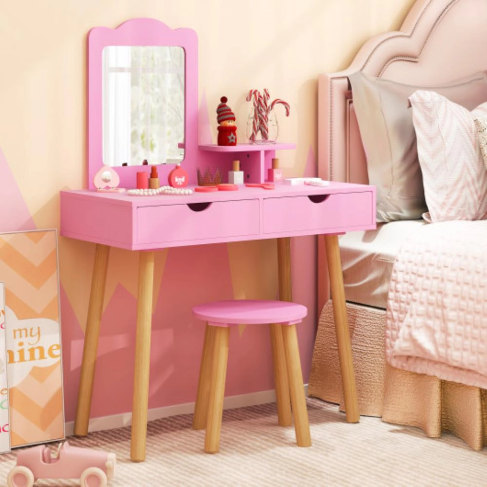 Hivvago Kid Vanity Table Chair Set With Mirror And 2 Large Storage Drawers