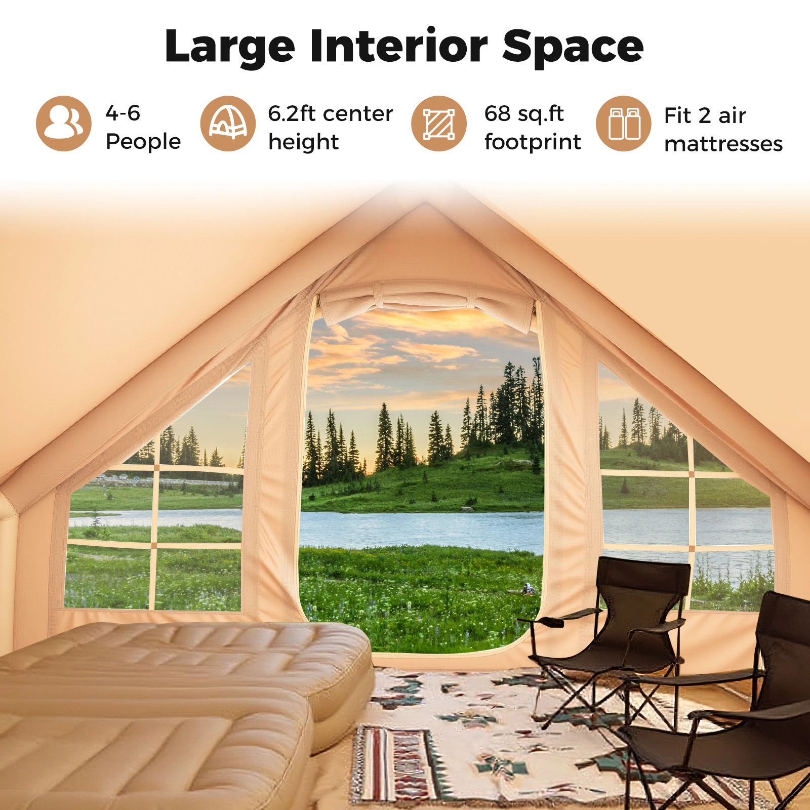 SUGIFT 4-6 Person Beige Inflatable Camping Tent with 4 Mesh Windows and 2 Doors 9.8-ft W 6.9-ft D 6.5-ft H