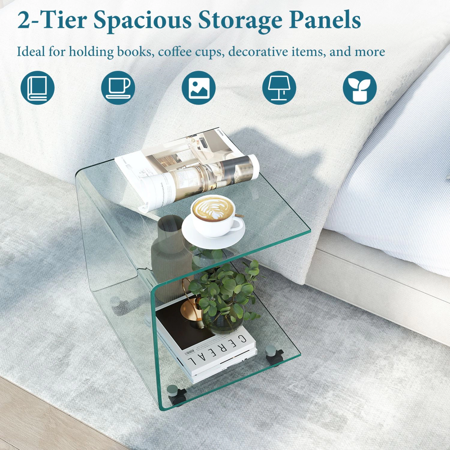 SlickBlue Mobile Side Table with Lockable Wheels, Glass Surface and Open Storage
