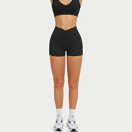 Anna-Kaci Women's High Waist Crossover Athletic Biker Shorts Stretch Workout Yoga Shorts with Side Pocket