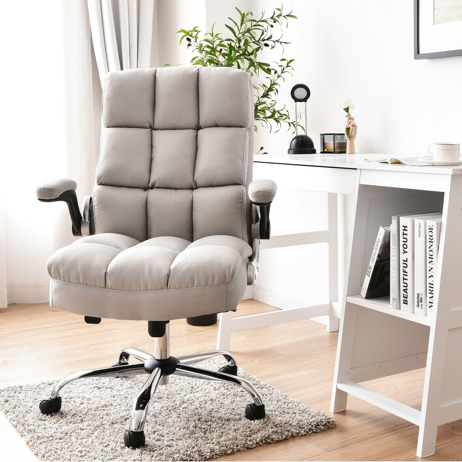SUGIFT Big and Tall 400-lb Capacity High Back Swivel Desk Chair with Flip-Up Arms and Linen Upholstery