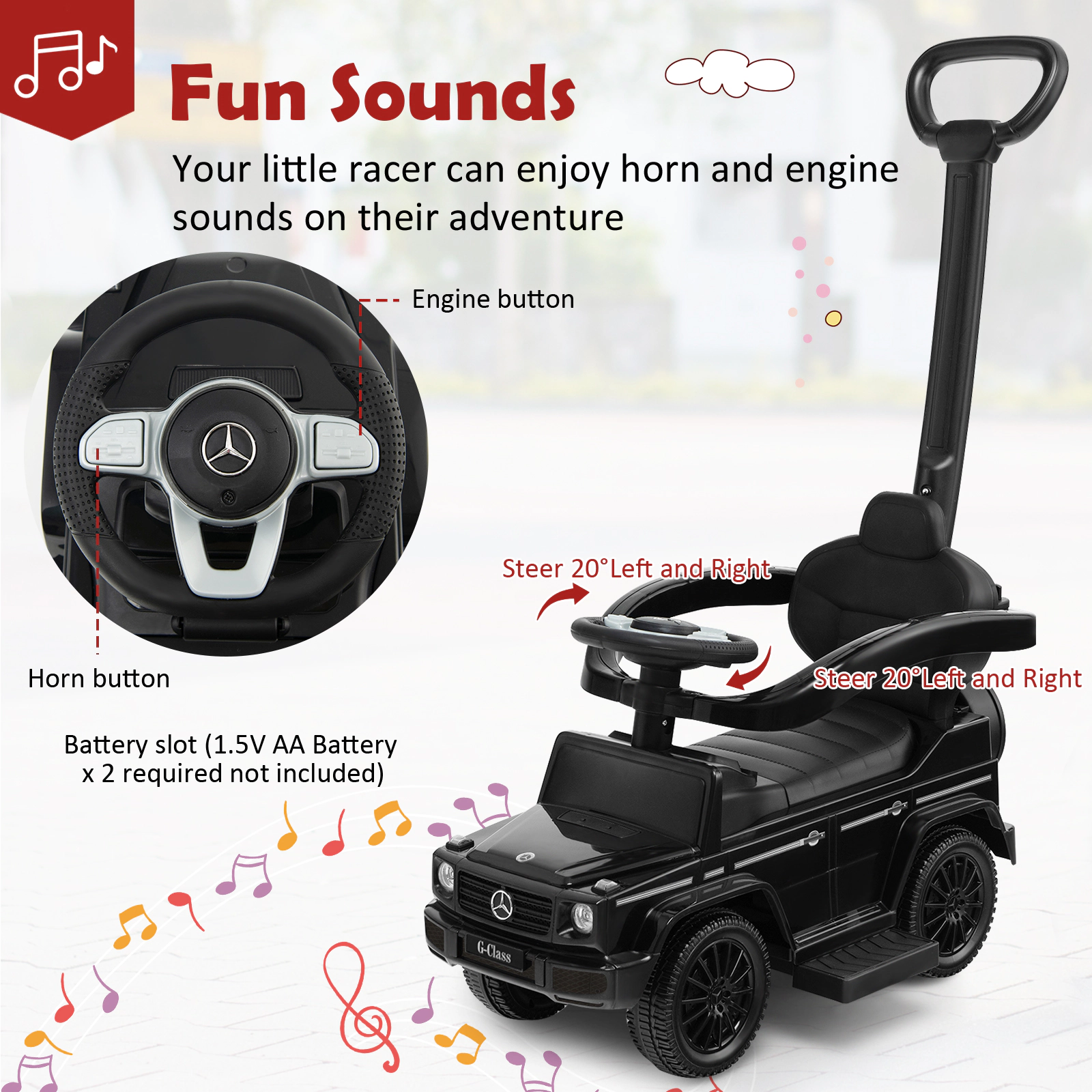 3-in-1 Toddler Push Car Adjustable Canopy Retractable Footrest Stroller Walker 18-36 Months 55-lb Capacity Black