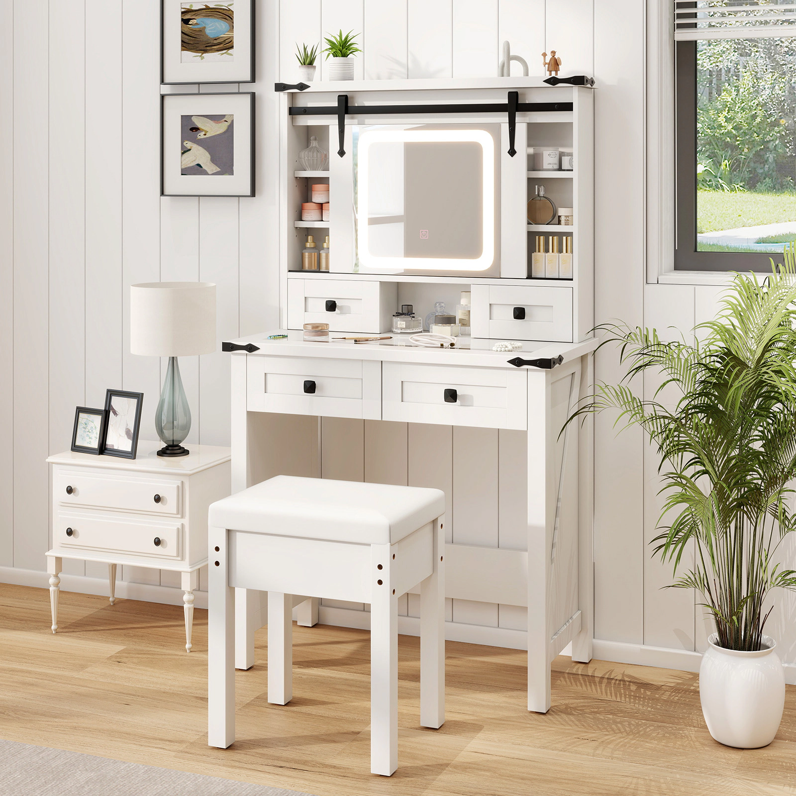 SUGIFT White Sliding Lighted Mirror Adjustable Storage Shelves and Stool Makeup Vanity Desk