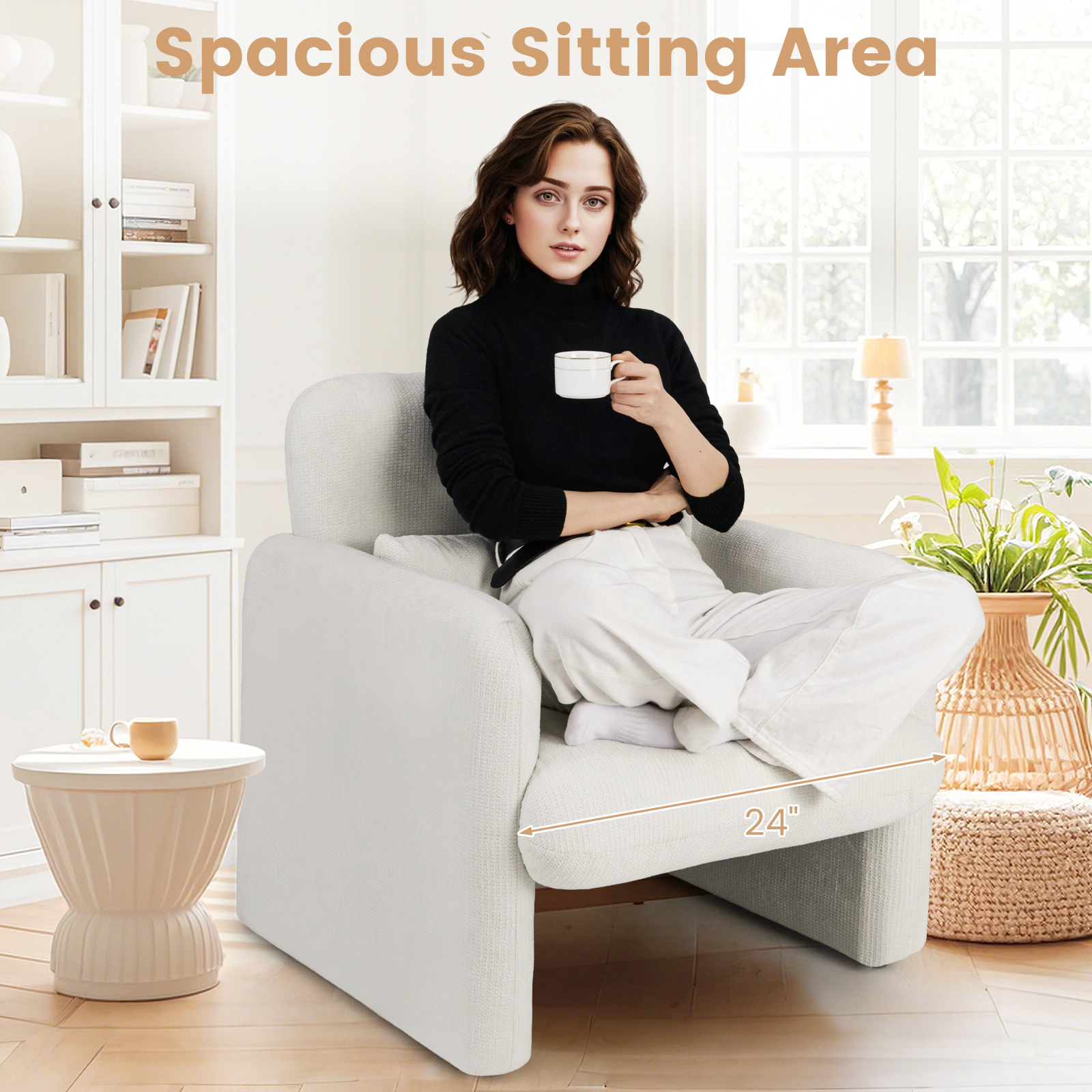 SUGIFT Modern Upholstered Chenille Accent Chair with Removable Lumbar Pillow 330-lb Capacity White