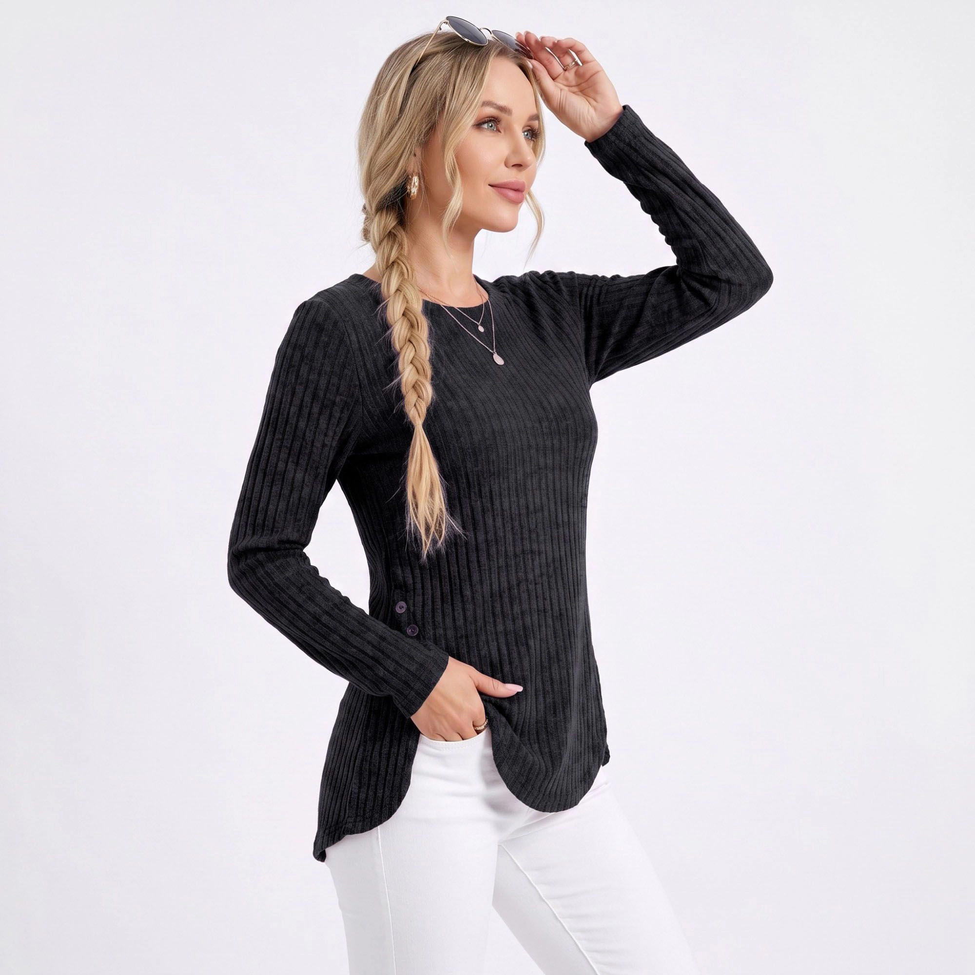 Anna-Kaci Women's Ribbed Crew Neck Side Slit Long Sleeve Tunic Top