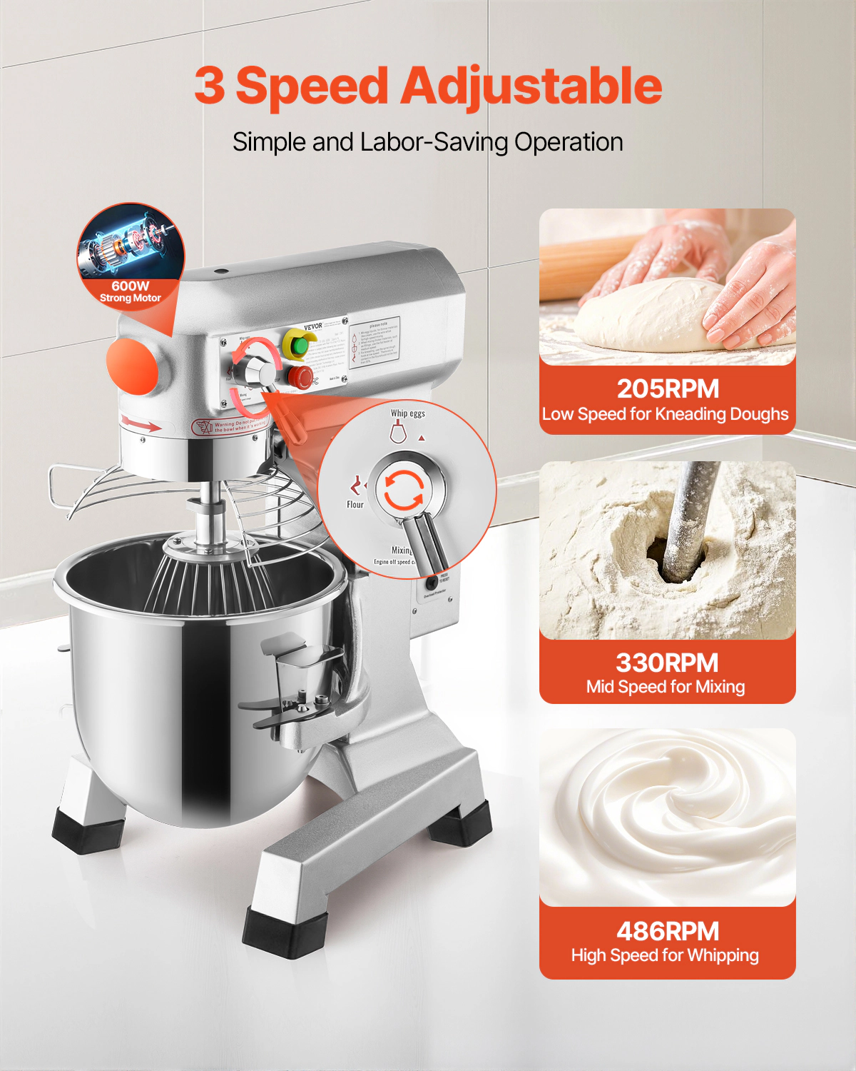 HONGGE Commercial Food Mixer 3 Speeds Adjustable 110/ 178/390 RPM Heavy Duty 110V with Stainless Steel Bowl Dough Hooks