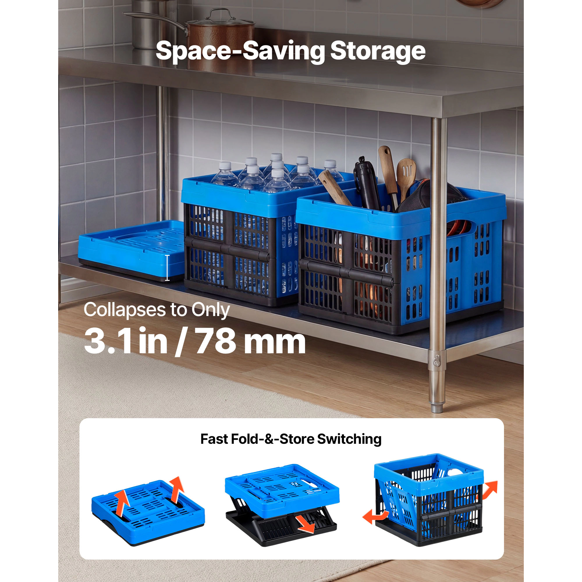 HONGGE Plastic Collapsible Storage Bins 3 Packs Stackable Folding Storage Crates with Handles Holds Per Bin Foldable