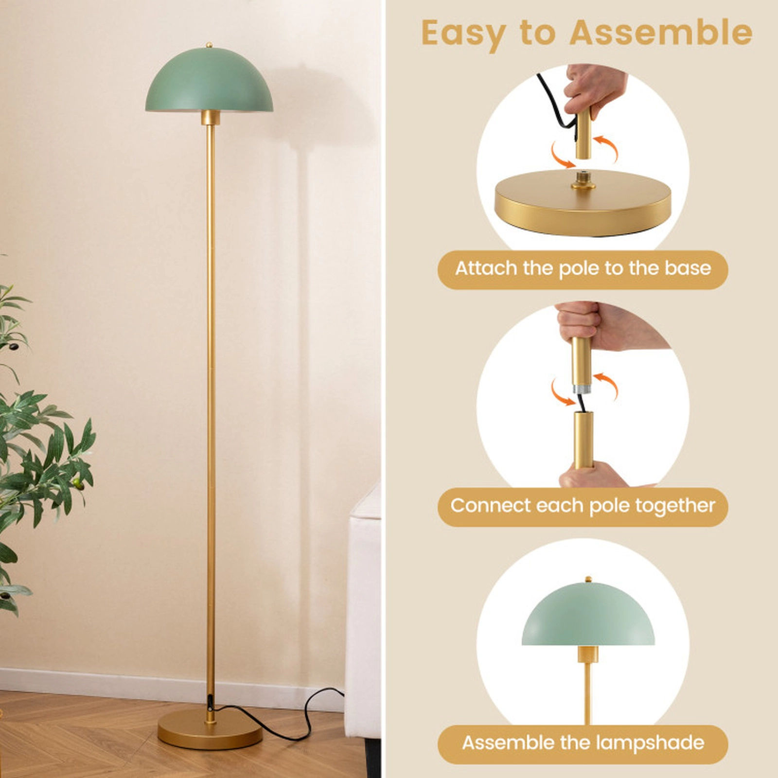SUGIFT 64-in Gold and Green Metal Standing Floor Lamp with Anti-Tipping Base E26 Socket and Foot Switch