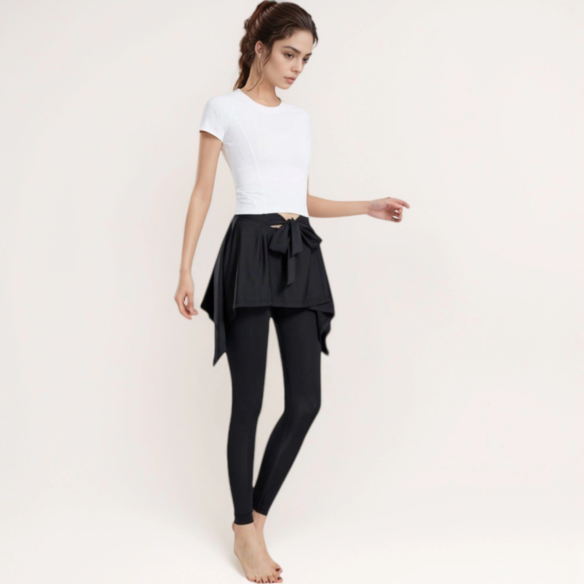 Anna-Kaci Active Women's Full-Length Leggings with Attached Tie-Front Skirt Overlay for and Casual Looks