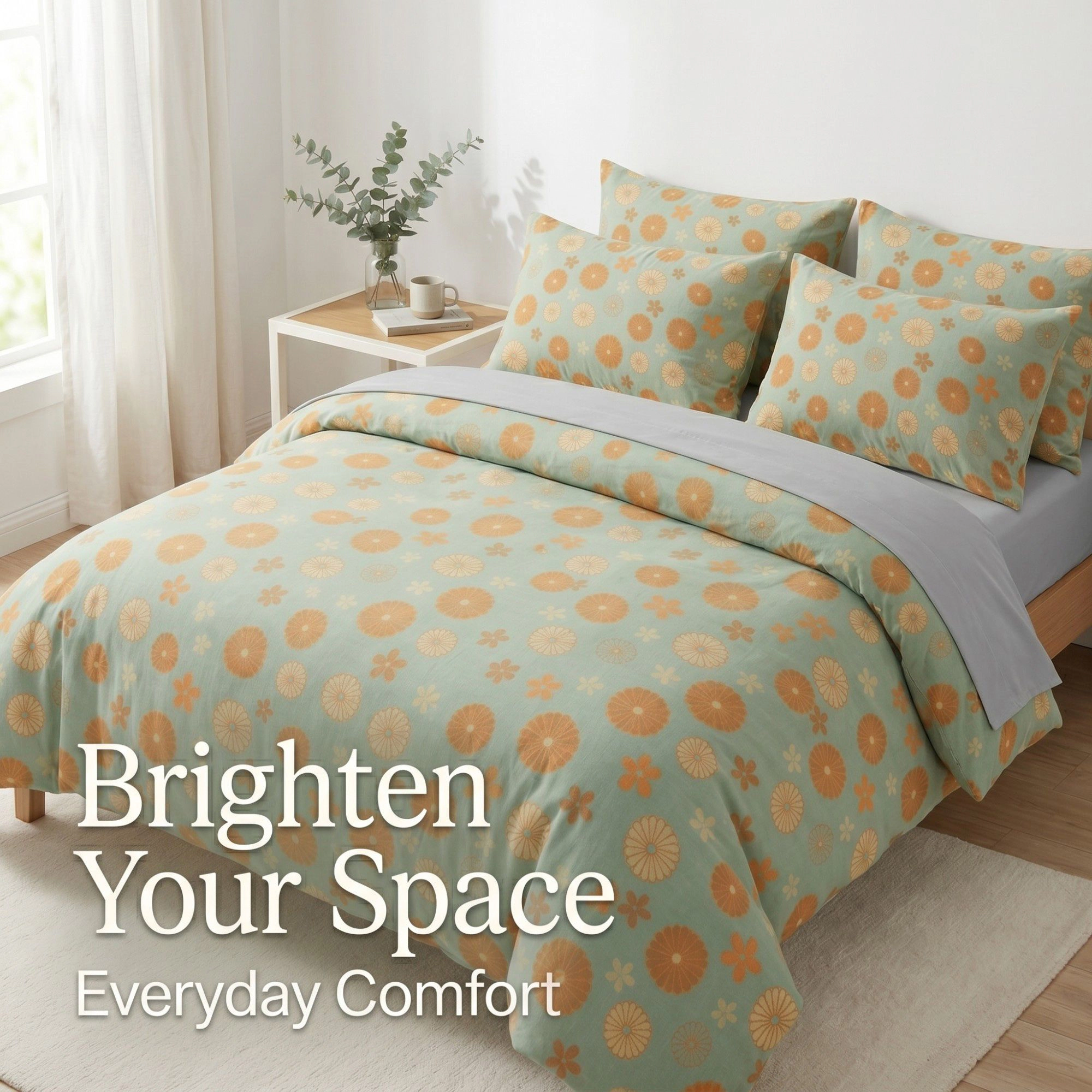 Alilang Unisex 4-Piece Cotton Bedding Set with Floral Pattern Duvet Cover, Pillowcases, and Flat Sheet