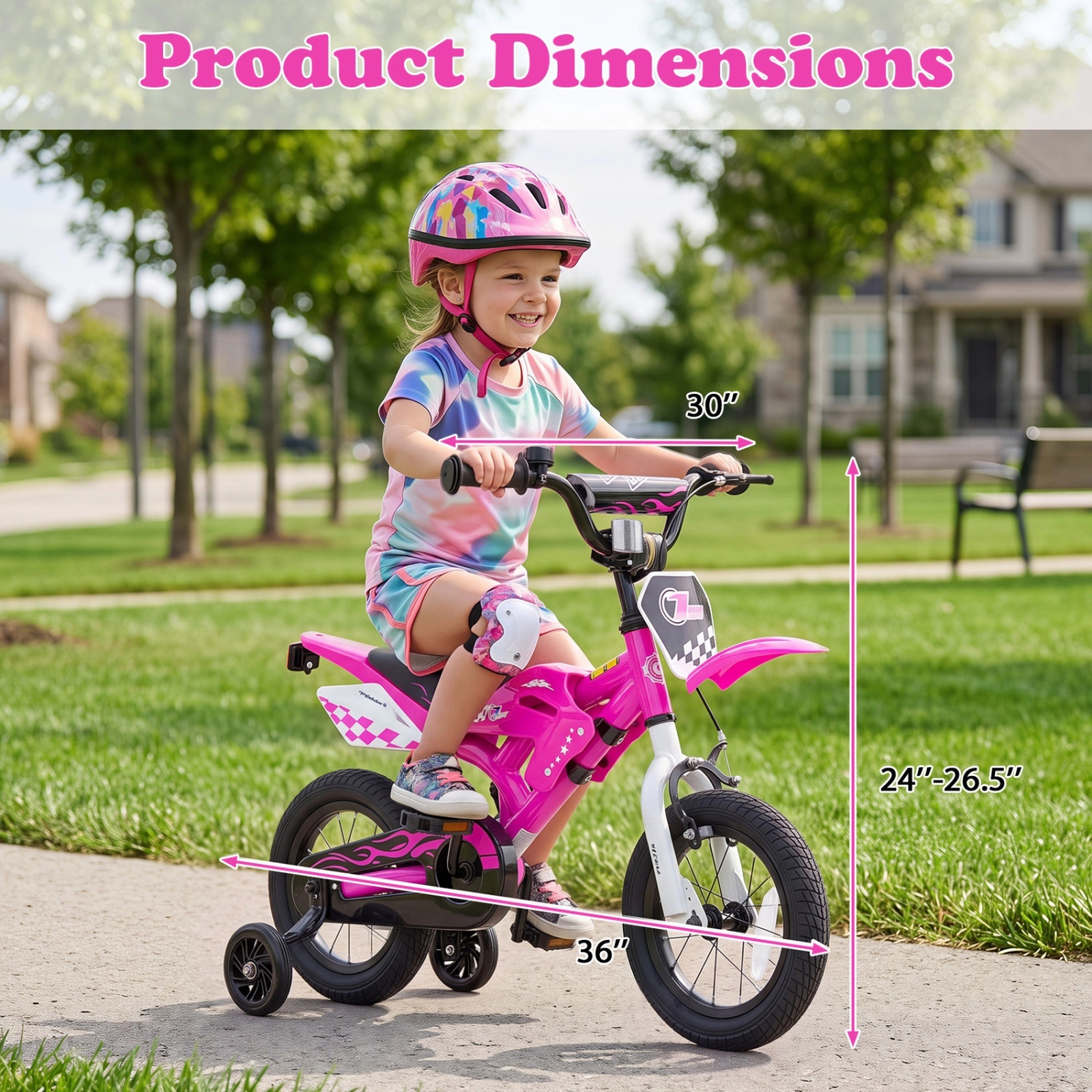 12-in Kids Bike with Number Plate Race Graphics Training Wheels Bell and Reflectors for Ages 3-4 Pink Bicycle