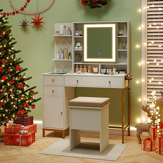 LJG Makeup Dressing Table and Stool Set with 3 Lighting Modes and Cabinet