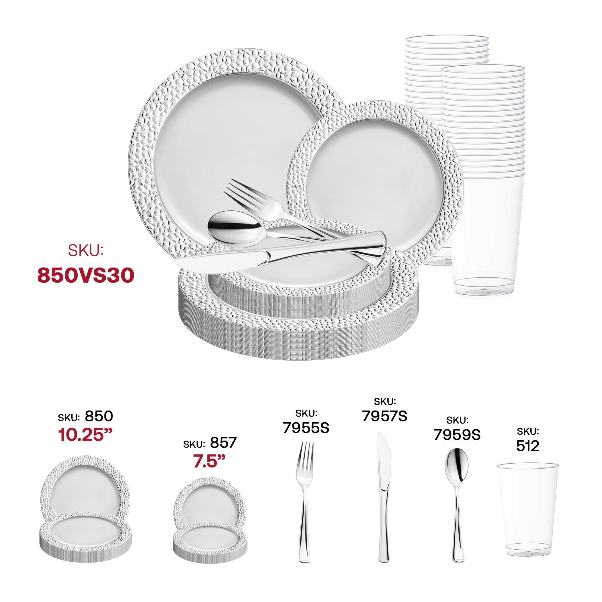 Smarty Had A Party White with Silver Hammered Rim Round Plastic Wedding Value Set