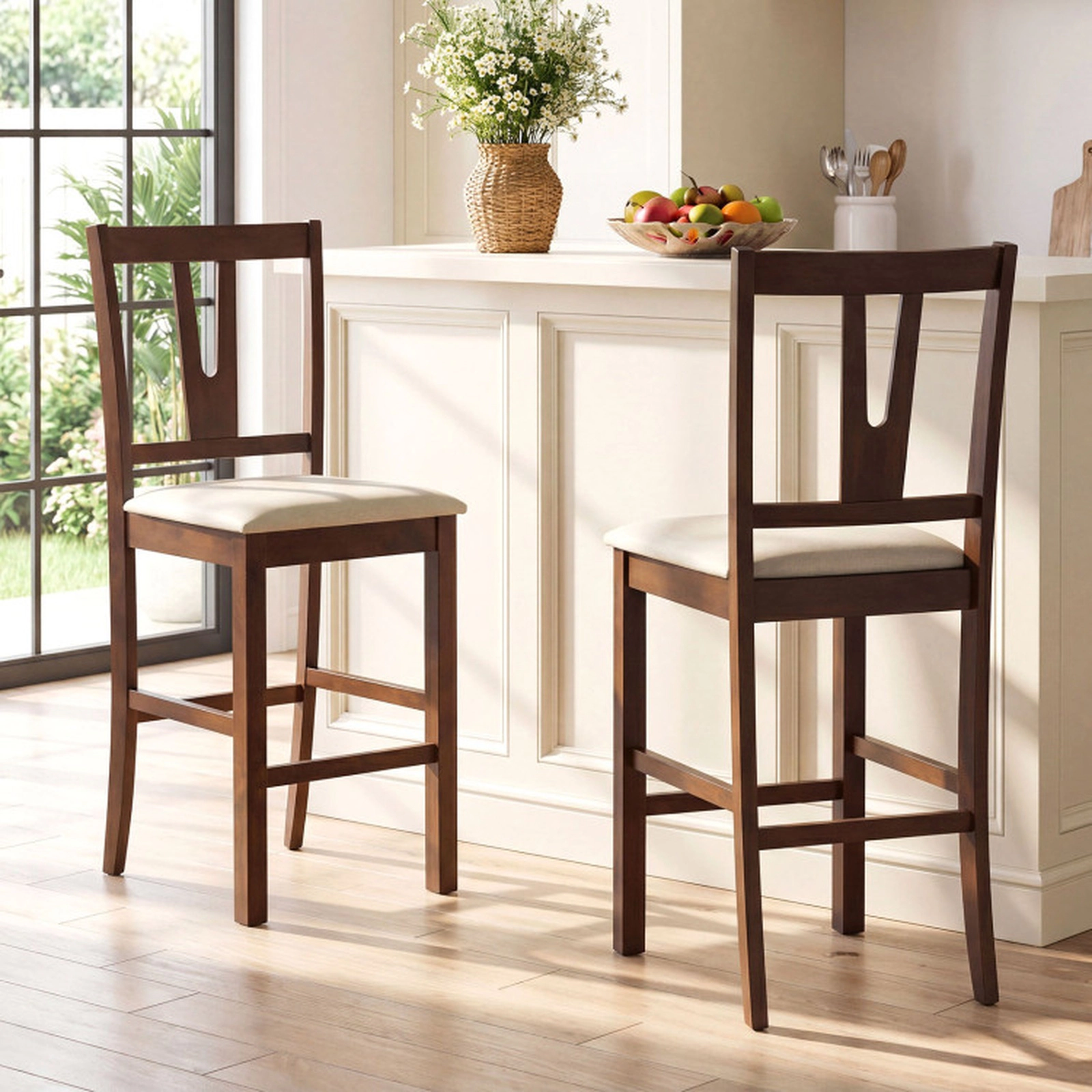 SUGIFT Walnut and Cream Contoured V-Back and Upholstered Seat Set of 2 Counter Height Bar Stool
