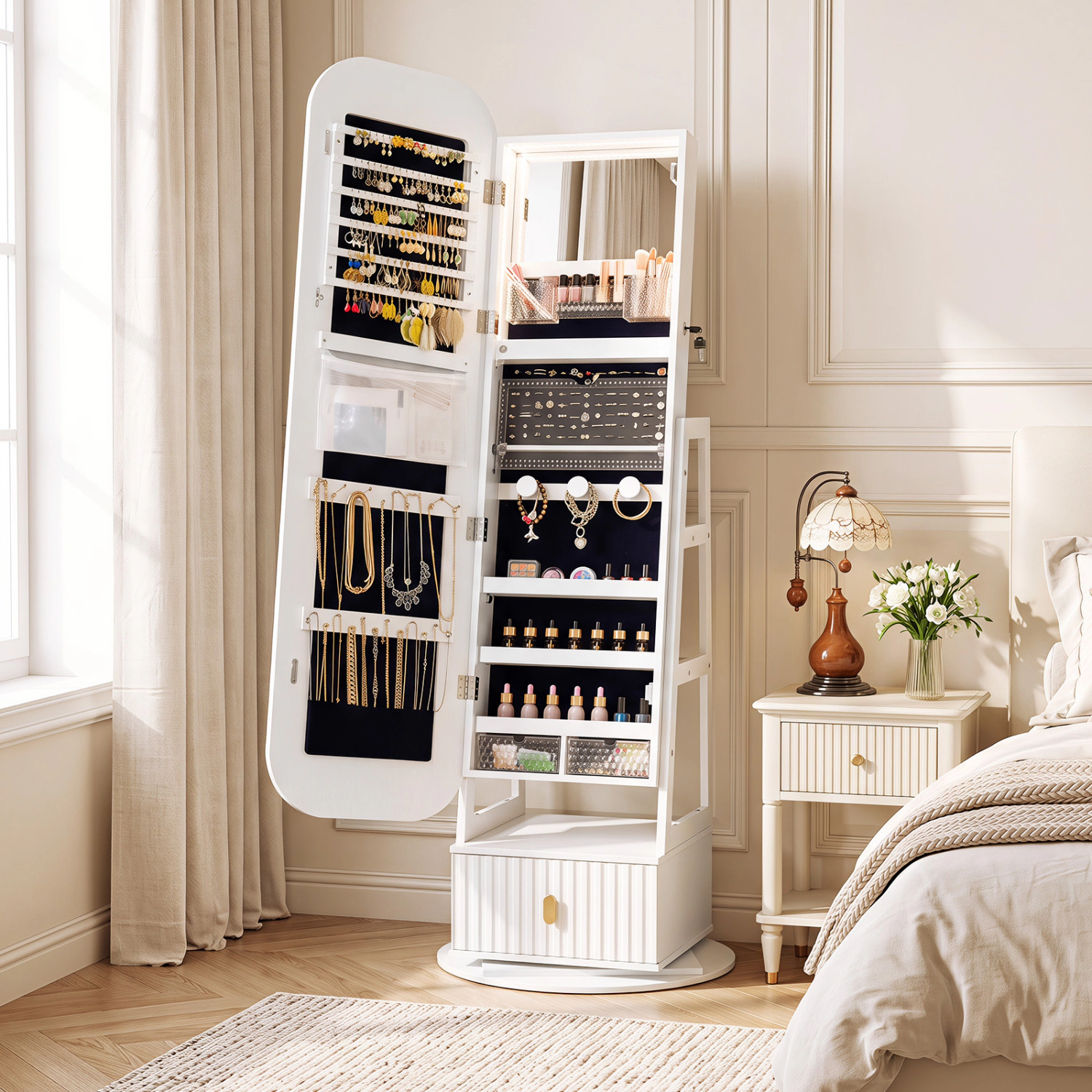 LJG 360° Swivel Jewelry Cabinet with Full-Length Mirror and Dual Hooks
