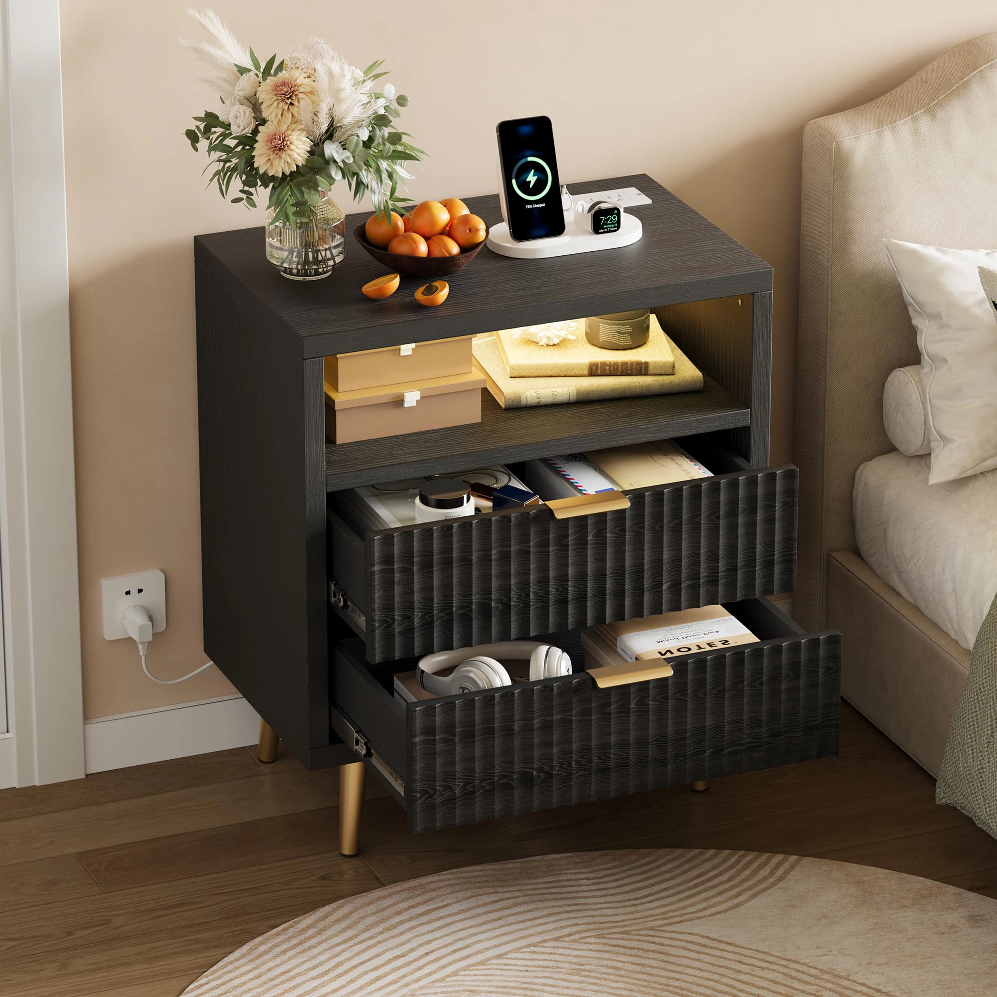 Nightstand with Charging Station and RGB LED Lights, 2-Drawer Fluted Bedside Table Open Shelf