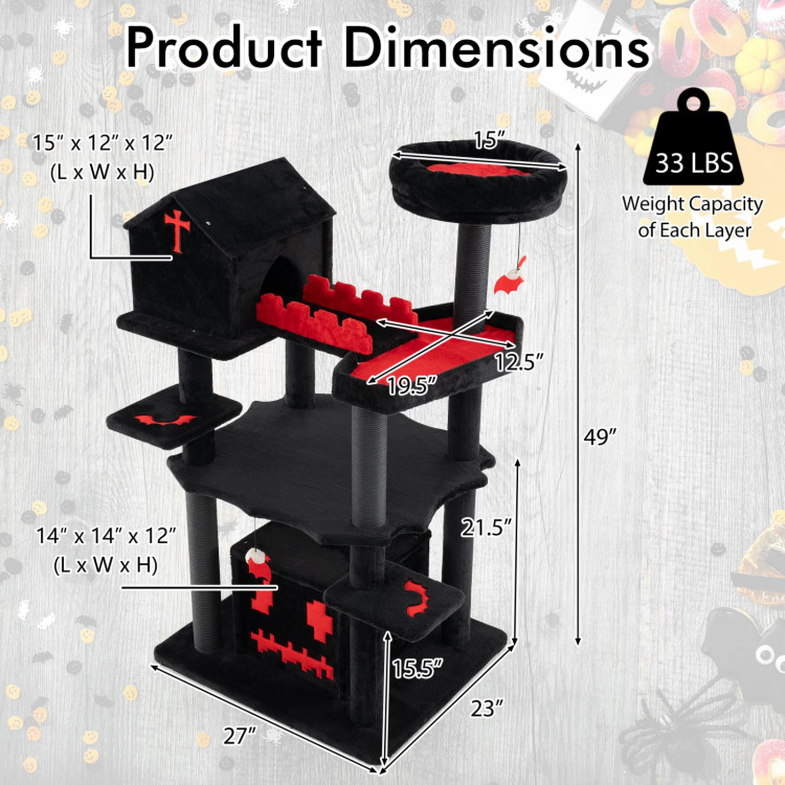 SUGIFT 49-in 6-Tier Gothic Cat Tree Tower with 2 Condos Fenced Coffin Bed 15-in Top Perch and Sisal Posts