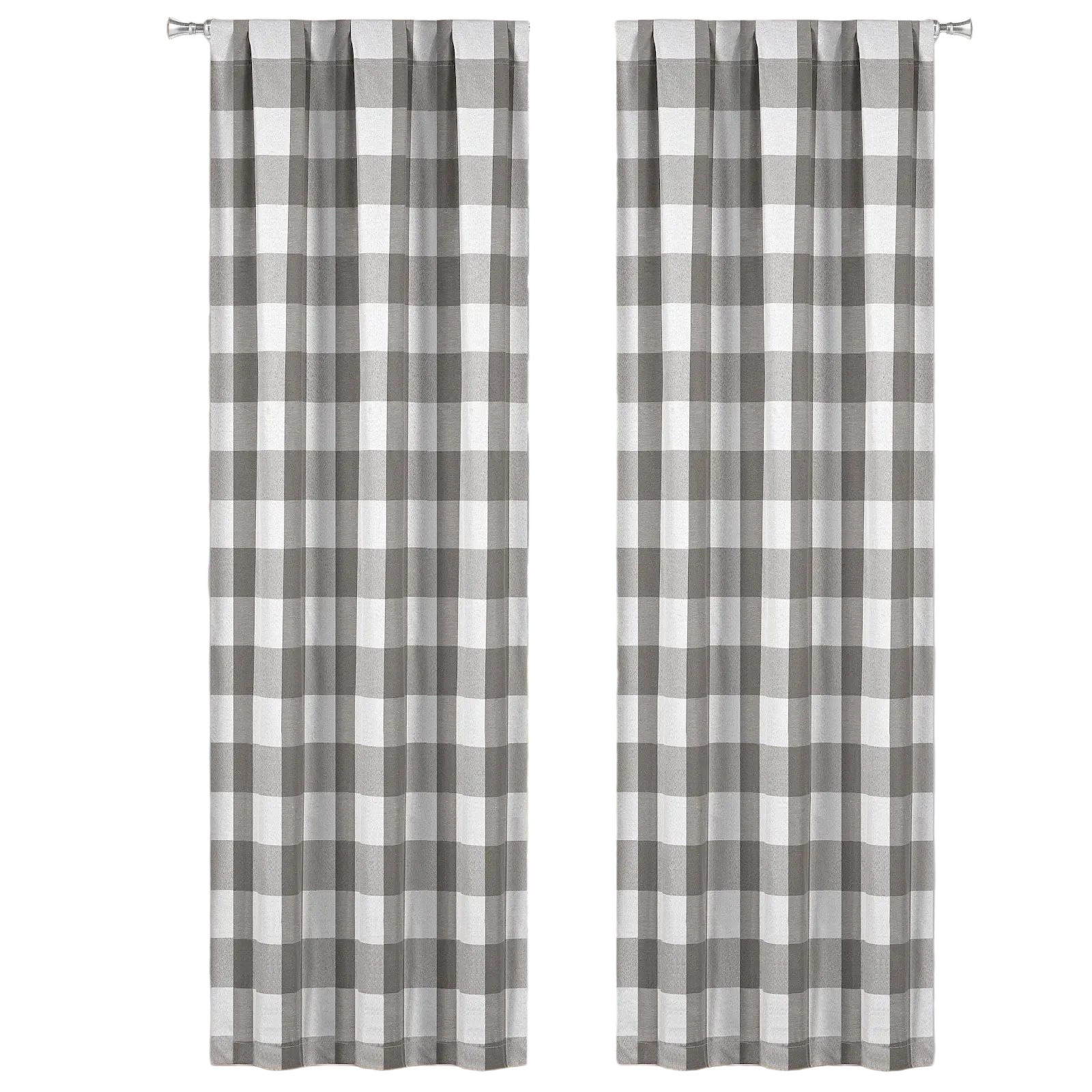 Kate Aurora 2 Piece Country Farmhouse Gray Buffalo Plaid Pleated Rod Pocket Window Curtain Panels