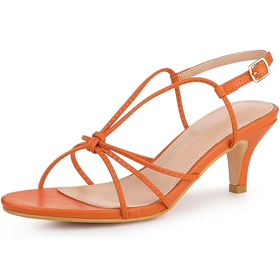 BLISSFUL STEP Women's Faux Leather Strappy Slingback Kitten Heels Sandals