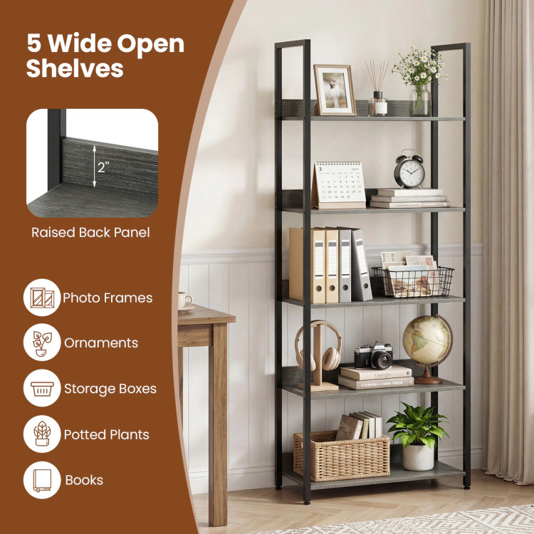 Hivvago 5-Tier Bookshelf Tall Wooden Open Bookcase with Back Panels