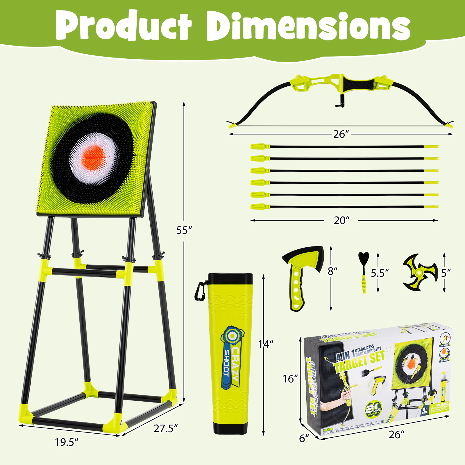 SUGIFT Green 4-in-1 Kids Throwing Game Set with Bristle Target Bow and Ninja Darts 27.5-in W 19.5-in D 55-in H