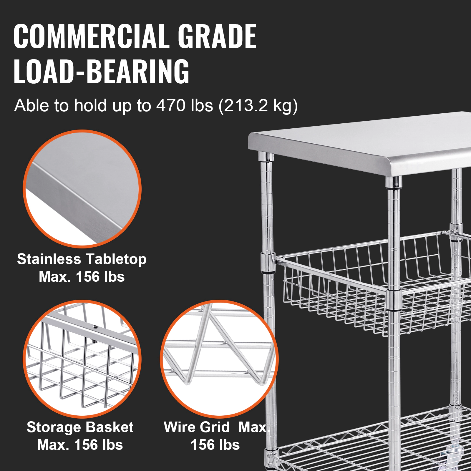 HONGGE 3-Tier Stainless Steel Kitchen Utility Cart, 470 lbs Capacity, Adjustable Wire Trolley with Basket
