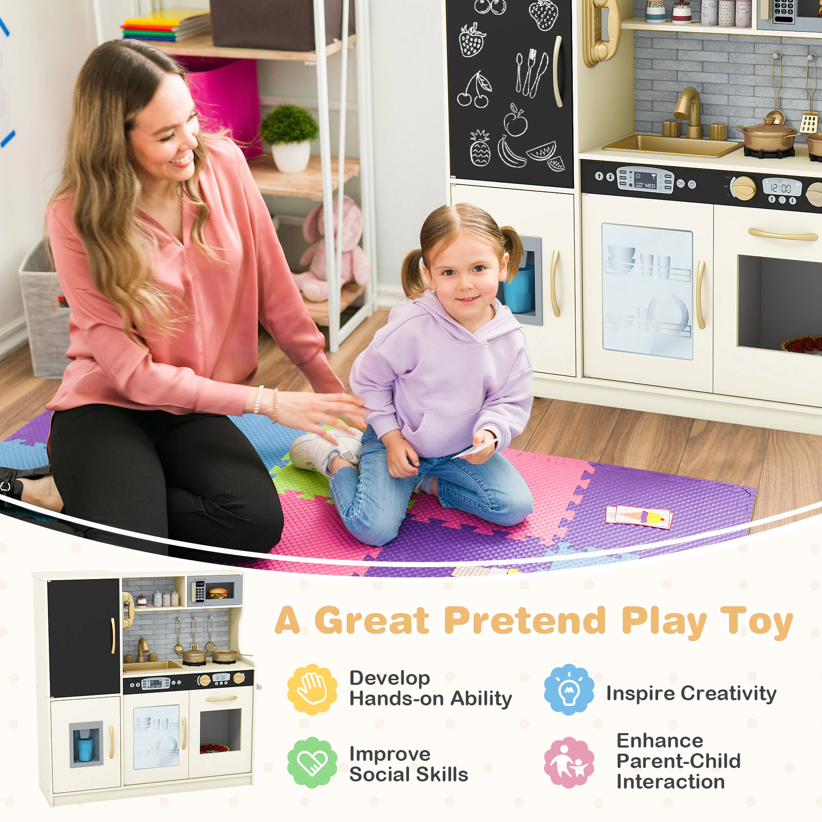 Pretend Play Kitchen Simulated Microwave Dishwasher Ice Maker Oven 32-in Toy Kitchen Playset Ages 3-6 Cream White