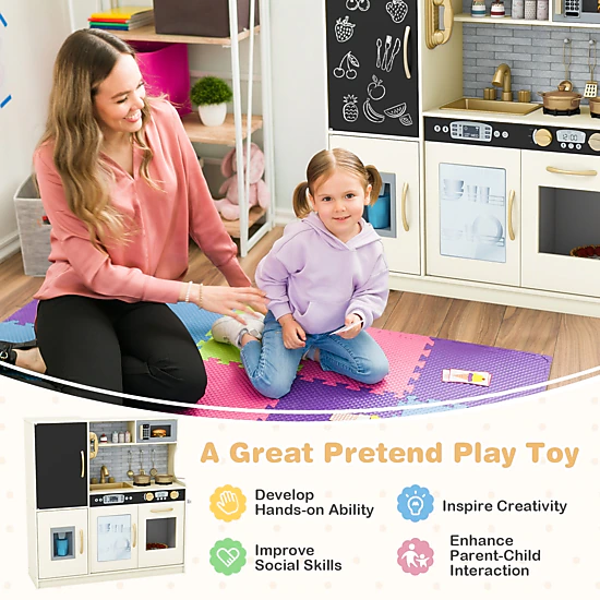 Pretend Play Kitchen Simulated Microwave Dishwasher Ice Maker Oven 32-in Toy Kitchen Playset Ages 3-6 Cream White
