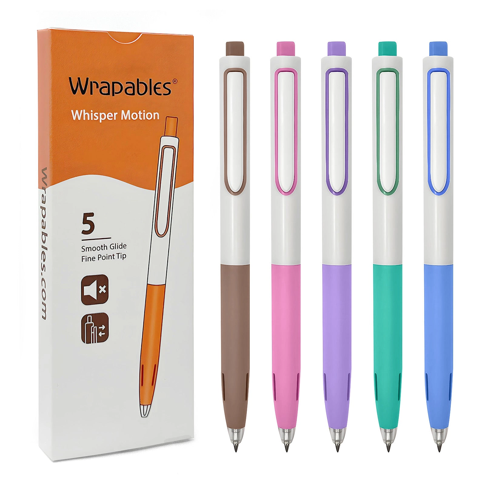 Wrapables Whisper Motion Silent Retractable Gel Pens, 0.5mm Fine Point Colored Ink, Coastal Chic, Set of 5