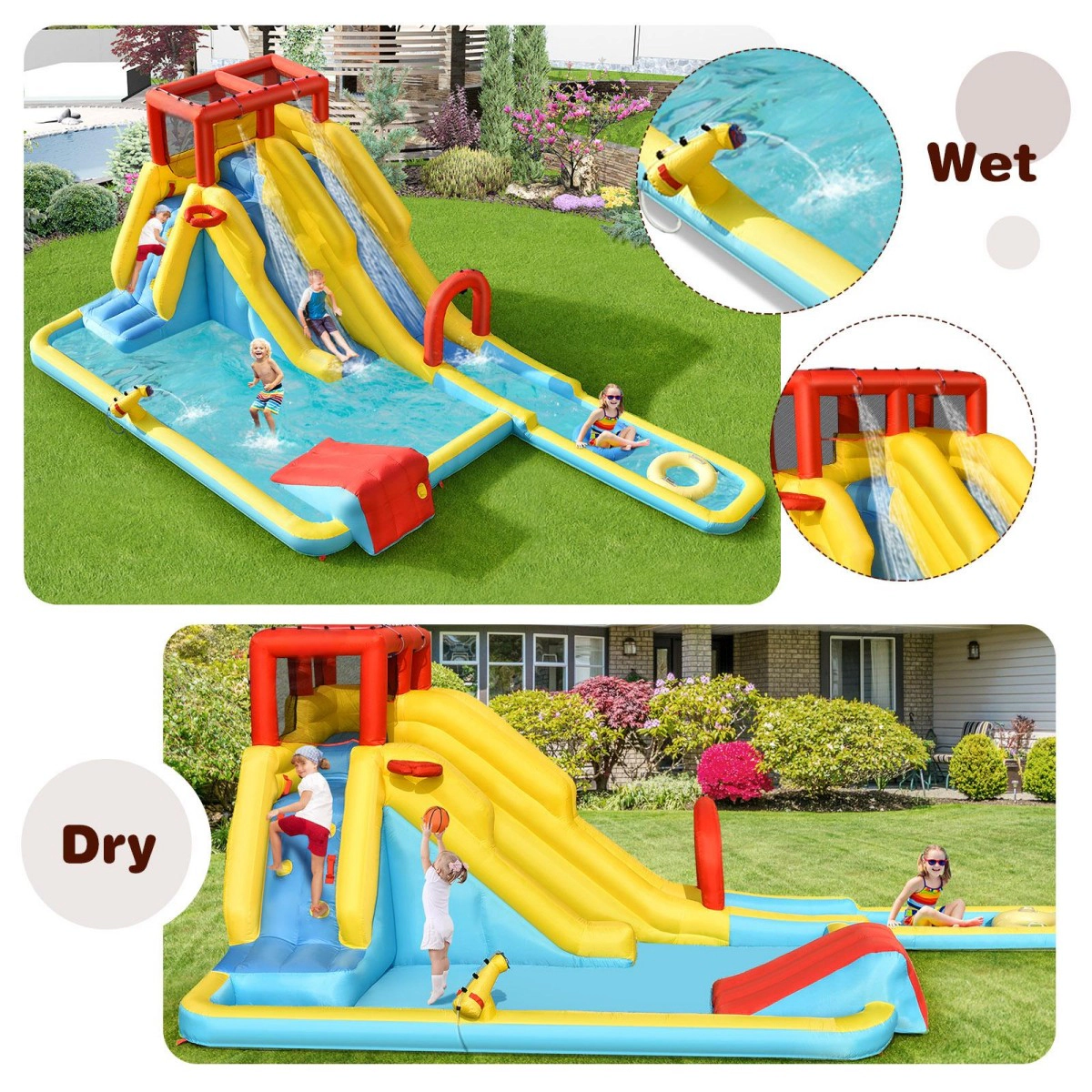 SUGIFT 7-in-1 Inflatable Dual Slide Water Park Bounce House 88.5-in Tall 350-lb Capacity Ages 3-10 With 680W Blower