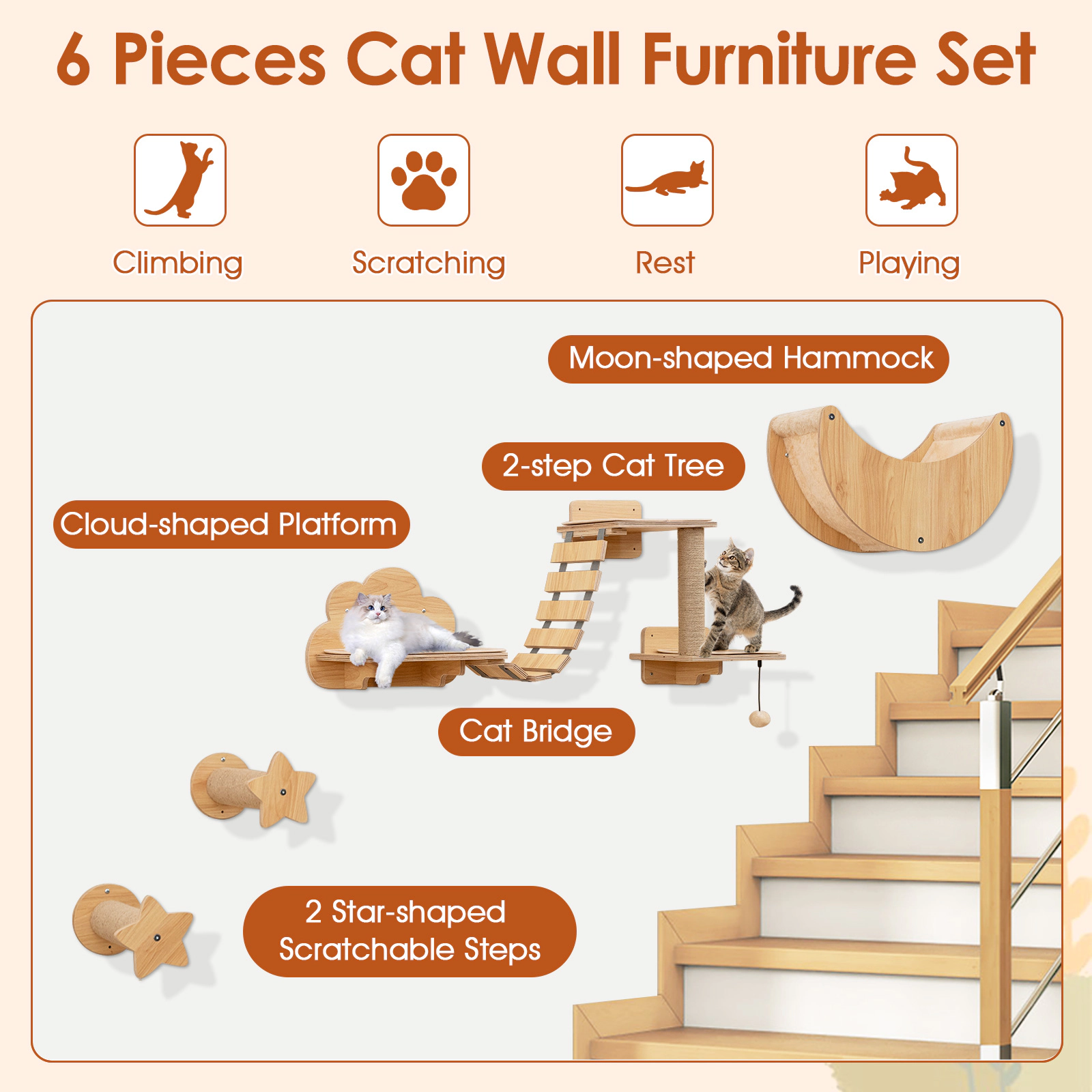 SUGIFT Wall-Mounted Cat Trees Shelves Set with Hammock 22-lb Capacity Beige