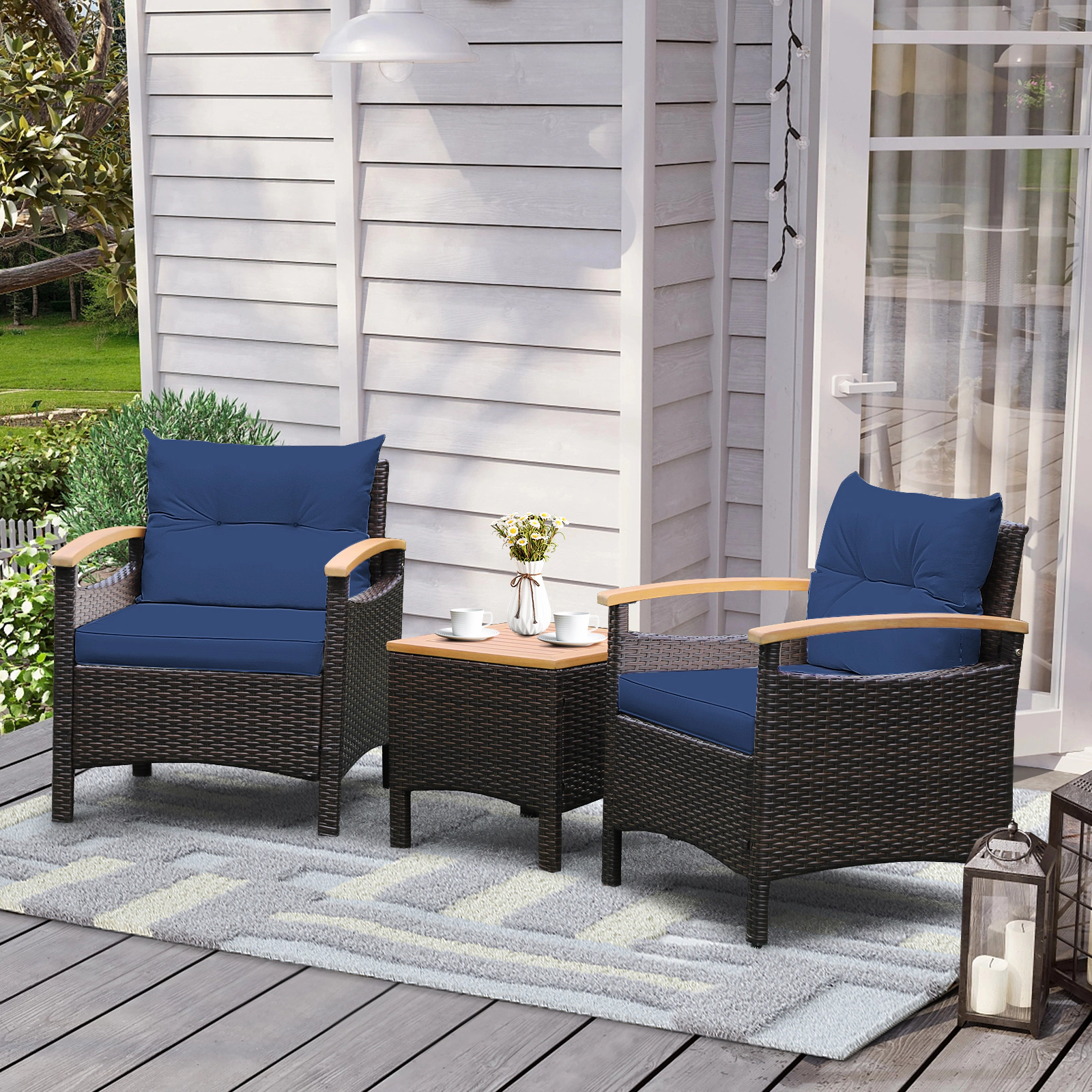LJG 3 Pieces Patio Rattan Furniture Set with Removable Cushion