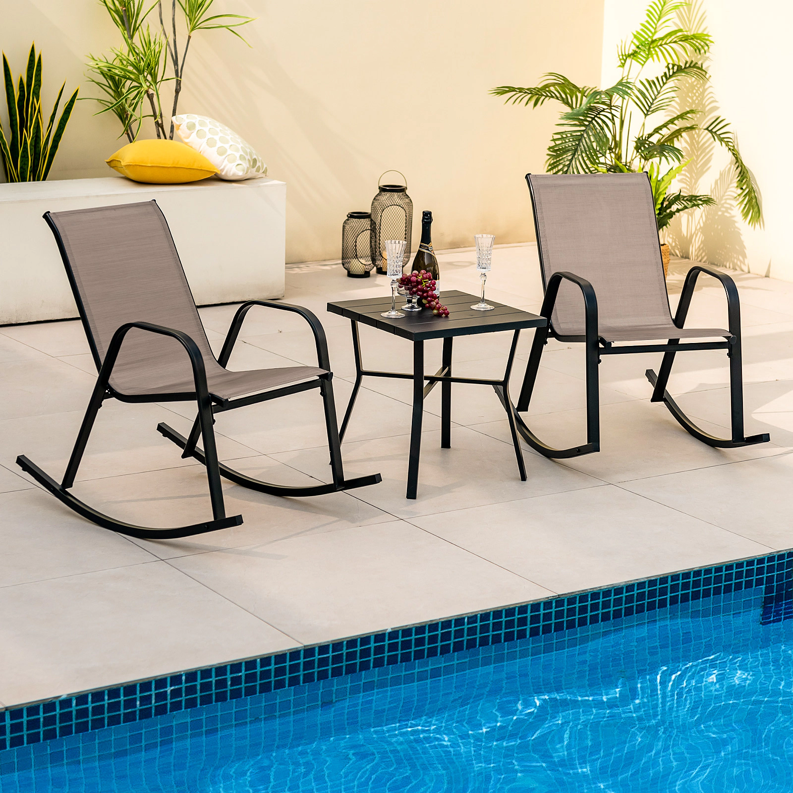 LJG Set of 2 Metal Patio Rocking Chair with Breathable Seat Fabric