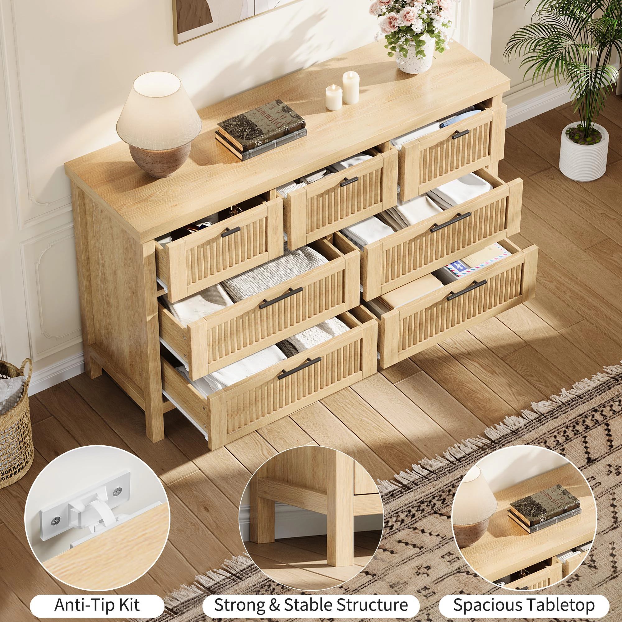 BebreezChic Fluted 7-Drawer Wide Dresser, 47.4"W×15.8"D×29.6"H, Engineered Wood Bedroom Chest, Wood Color